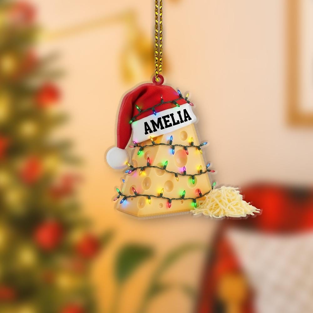 Personalized Cheese Ornament – Custom Name Santa Hat Food Christmas Tree Decoration
