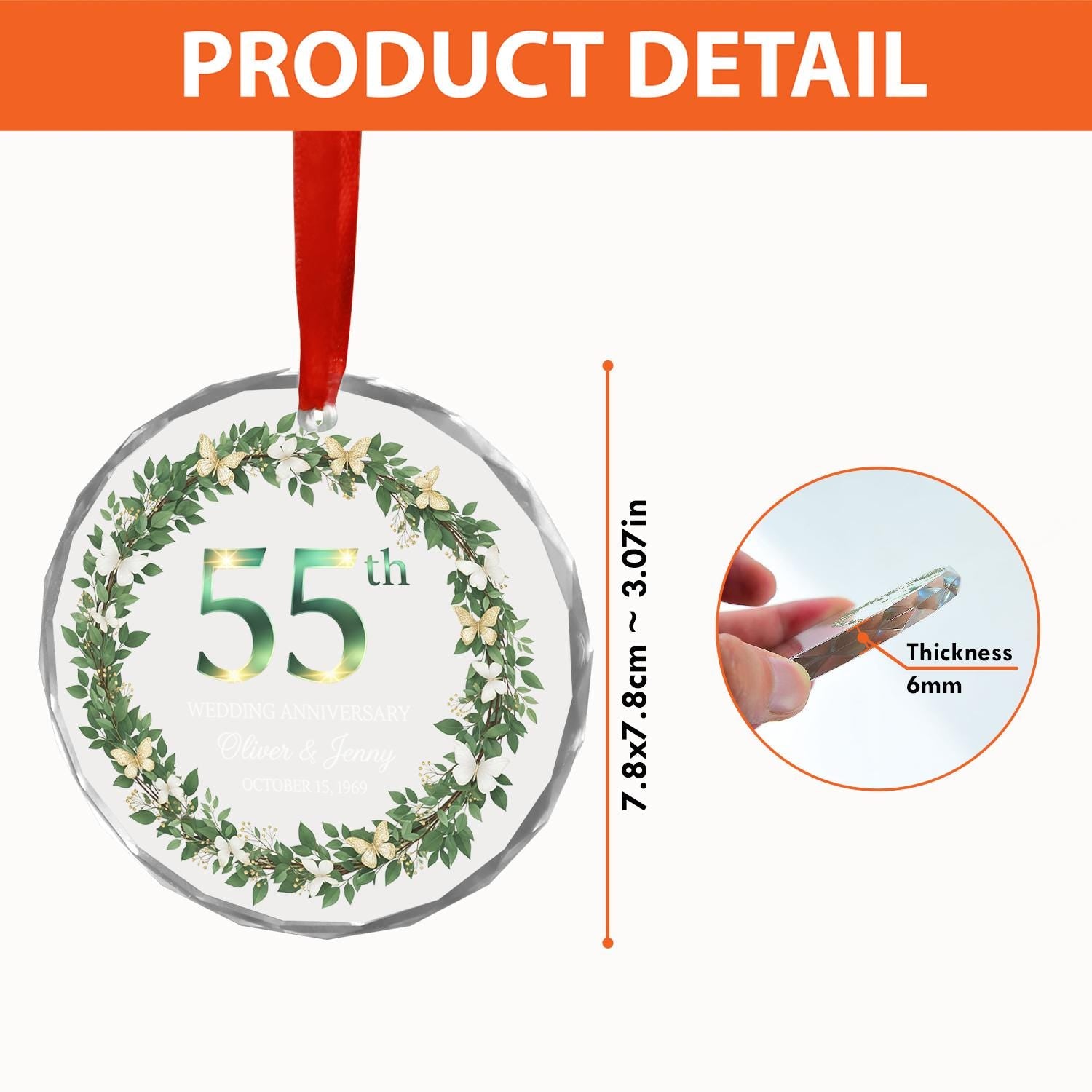Personalized 55th Anniversary Ornament – Custom Glass Wedding Keepsake with Names & Date