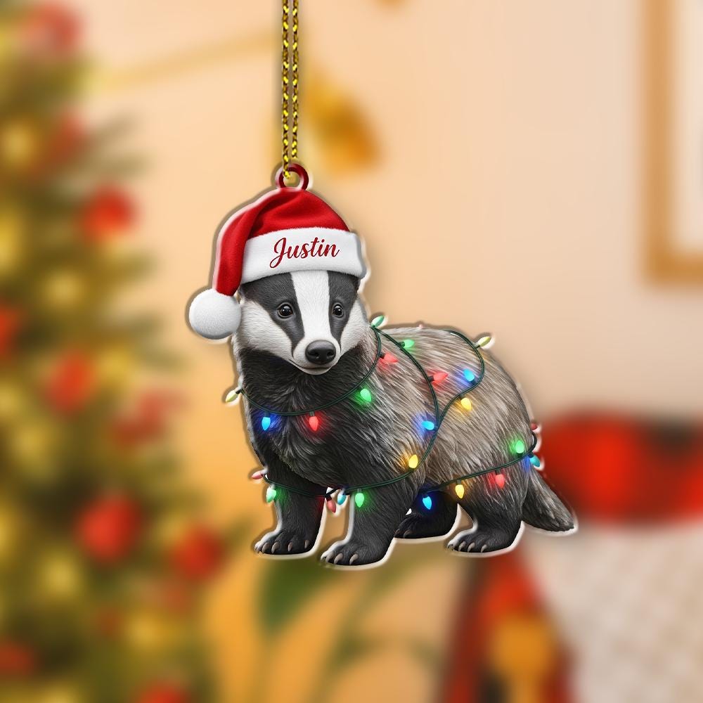 Personalized Badger Ornament – Custom Name Santa Hat Animal Christmas Tree Decoration