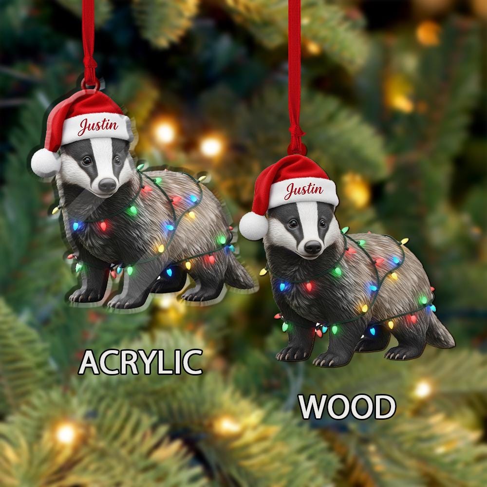 Personalized Badger Ornament – Custom Name Santa Hat Animal Christmas Tree Decoration