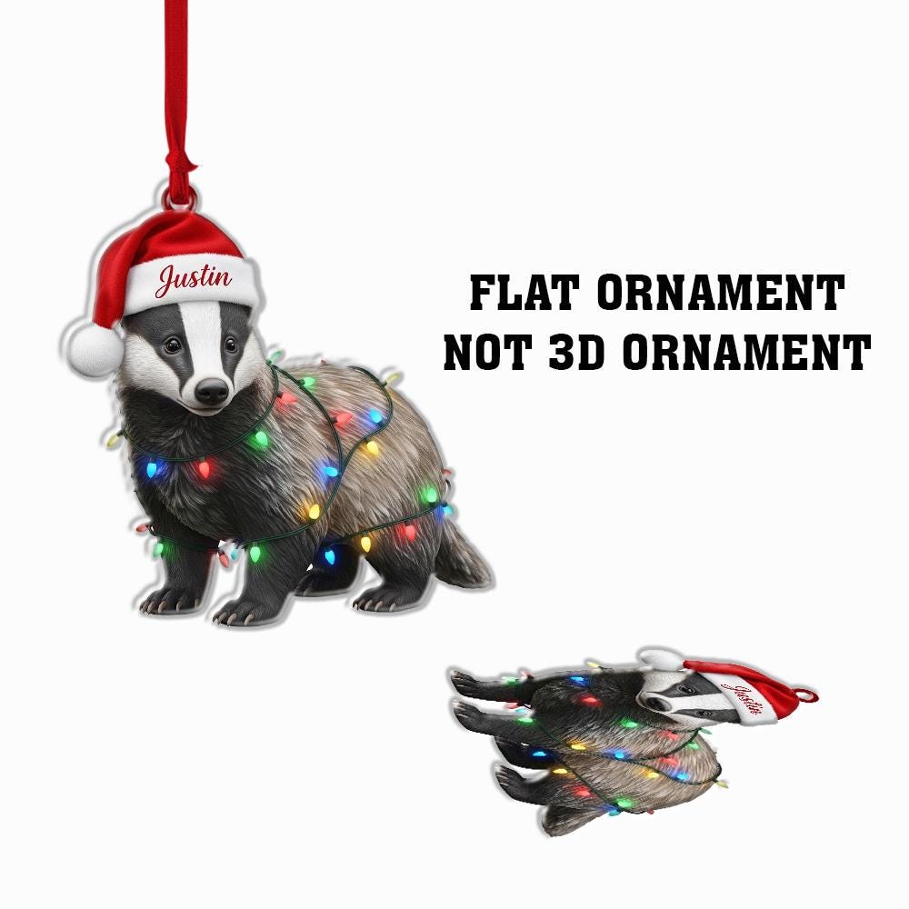 Personalized Badger Ornament – Custom Name Santa Hat Animal Christmas Tree Decoration