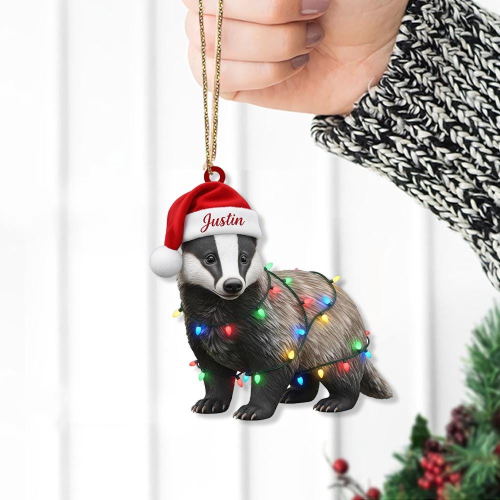 Personalized Badger Ornament – Custom Name Santa Hat Animal Christmas Tree Decoration
