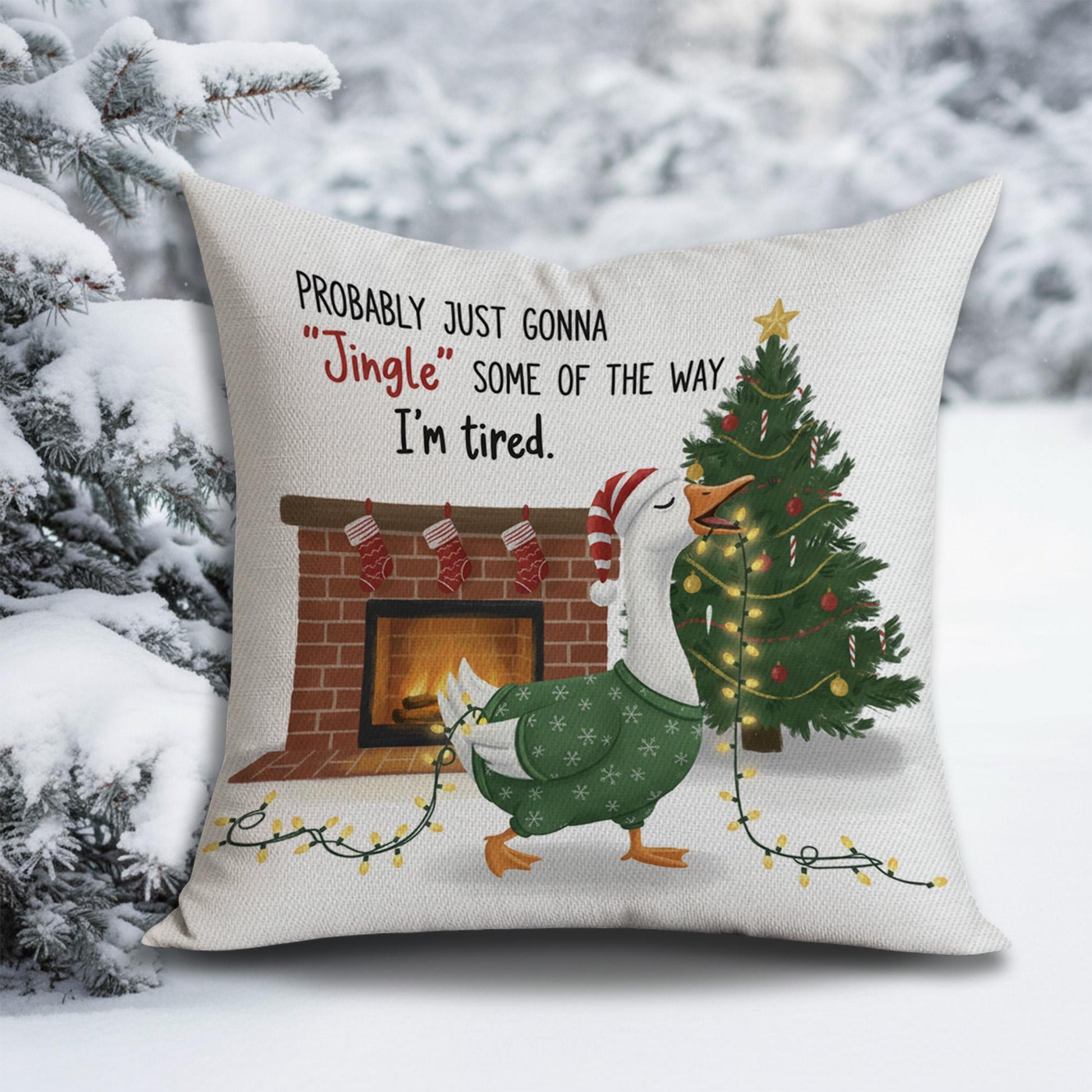 Christmas Goose Throw Pillow – Holiday Cushion with Fireplace and Tree Design