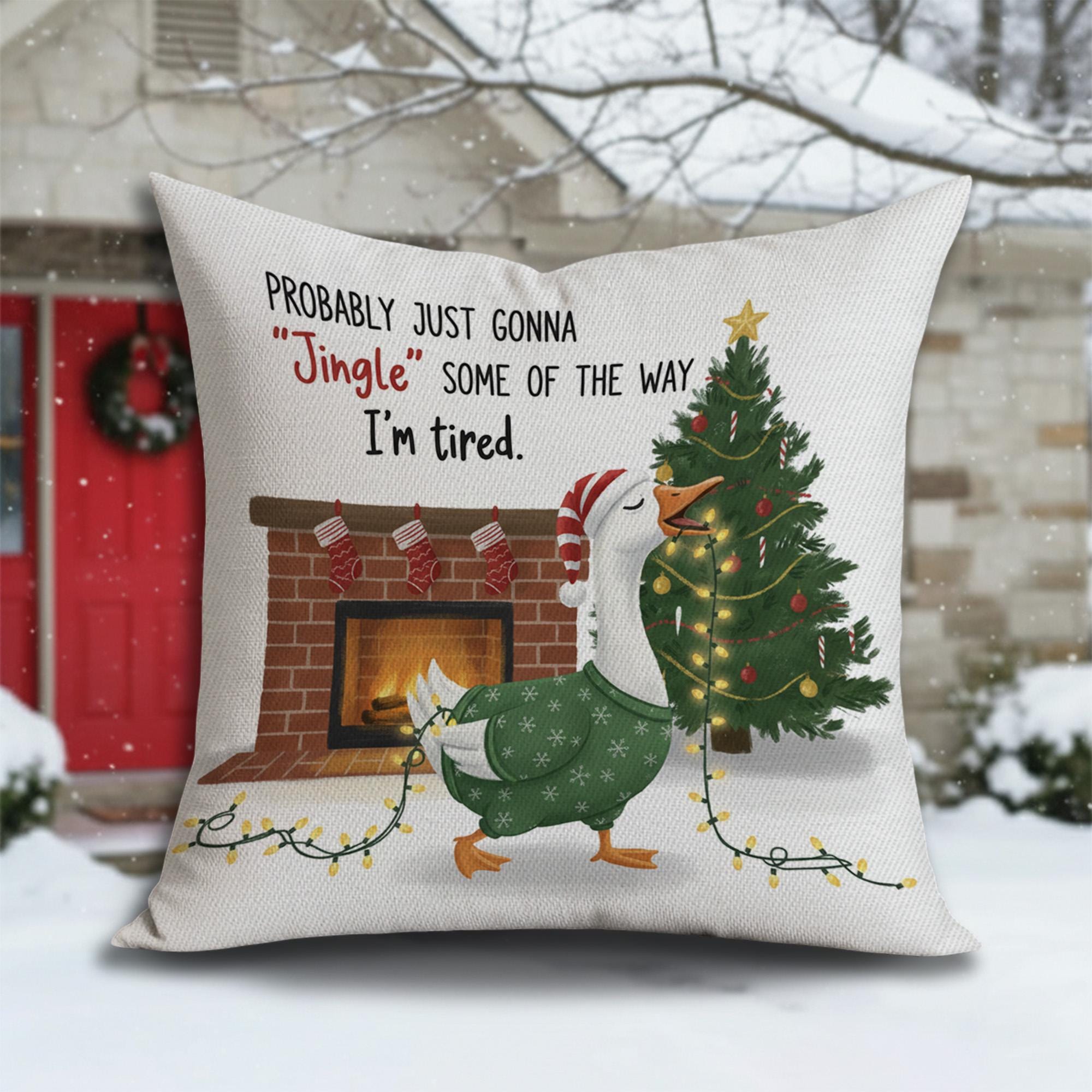 Christmas Goose Throw Pillow – Holiday Cushion with Fireplace and Tree Design