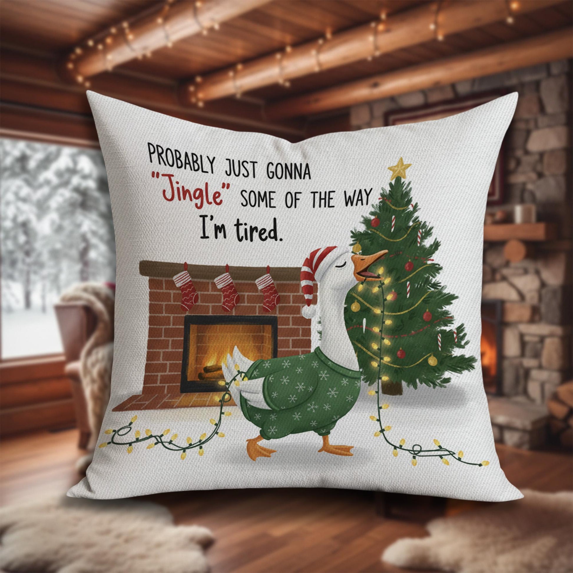 Christmas Goose Throw Pillow – Holiday Cushion with Fireplace and Tree Design