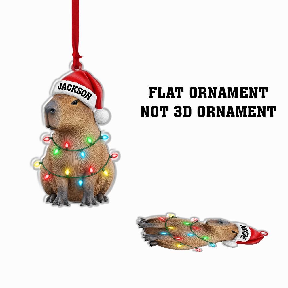 Personalized Capybara Ornament – Custom Name Santa Hat Animal Christmas Tree Decoration