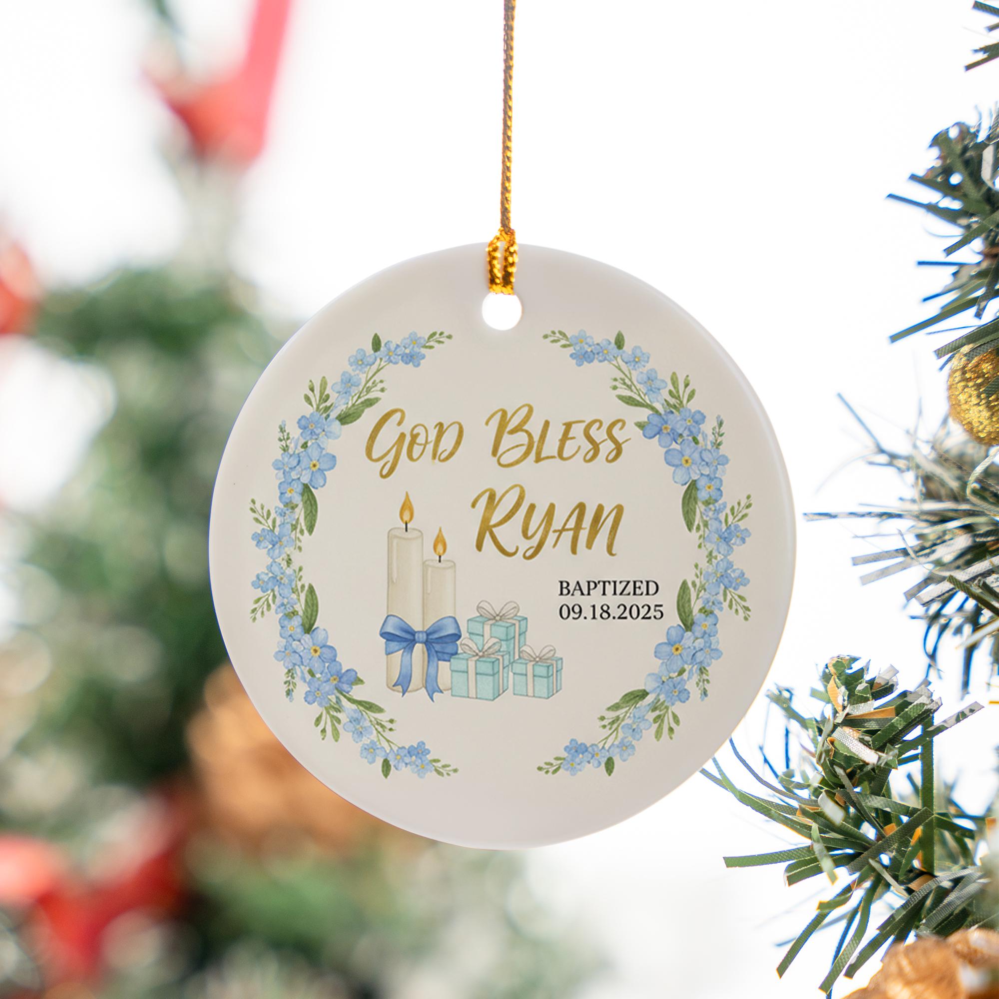 Custom God Bless Ornament – Baby Baptism Christening Keepsake with Name and Date