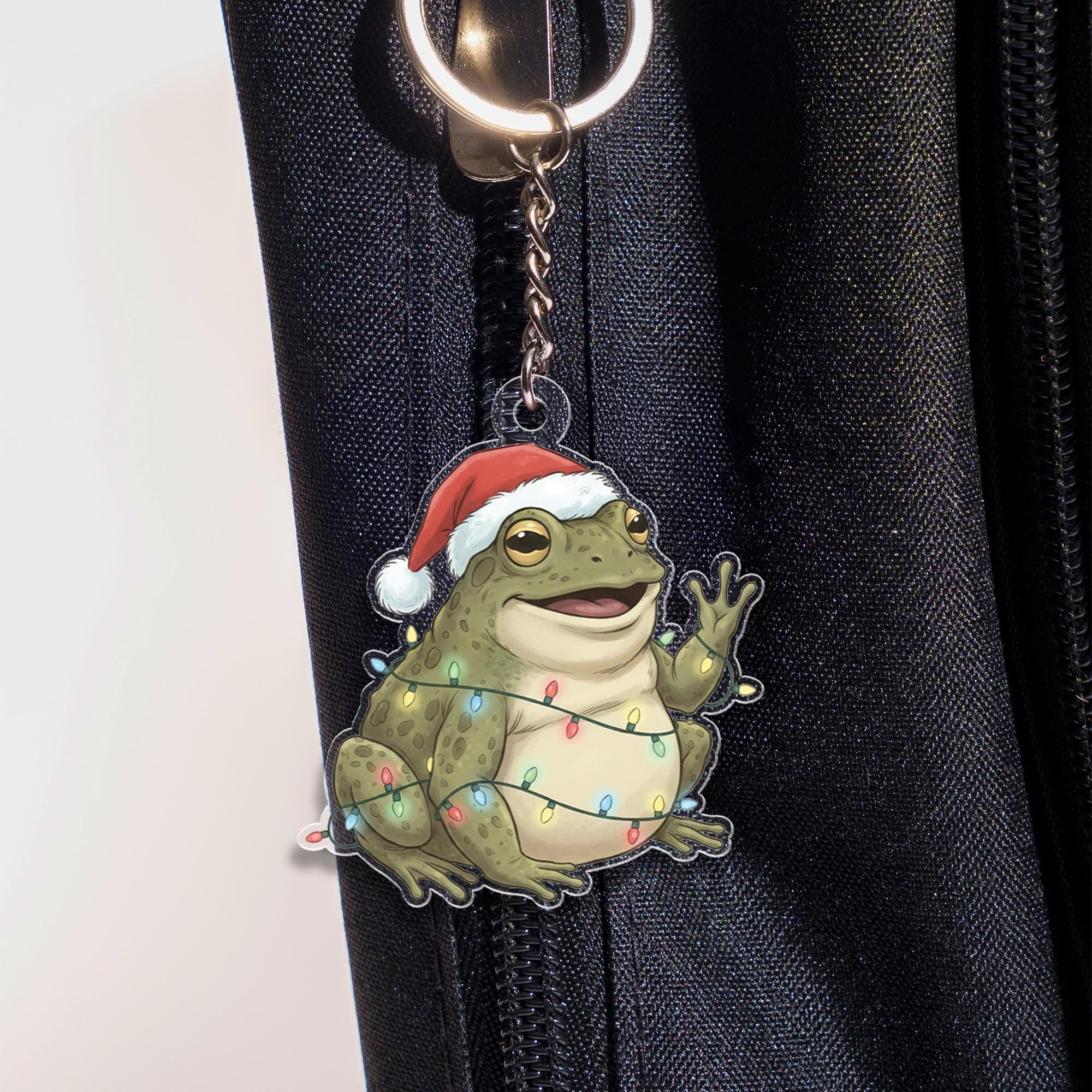 Acrylic Frog Keychain – Christmas Toad with Santa Hat and Holiday Lights