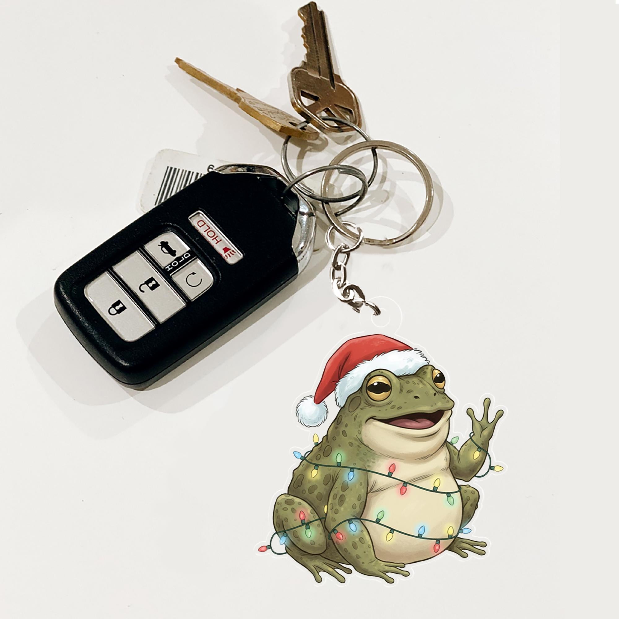 Acrylic Frog Keychain – Christmas Toad with Santa Hat and Holiday Lights