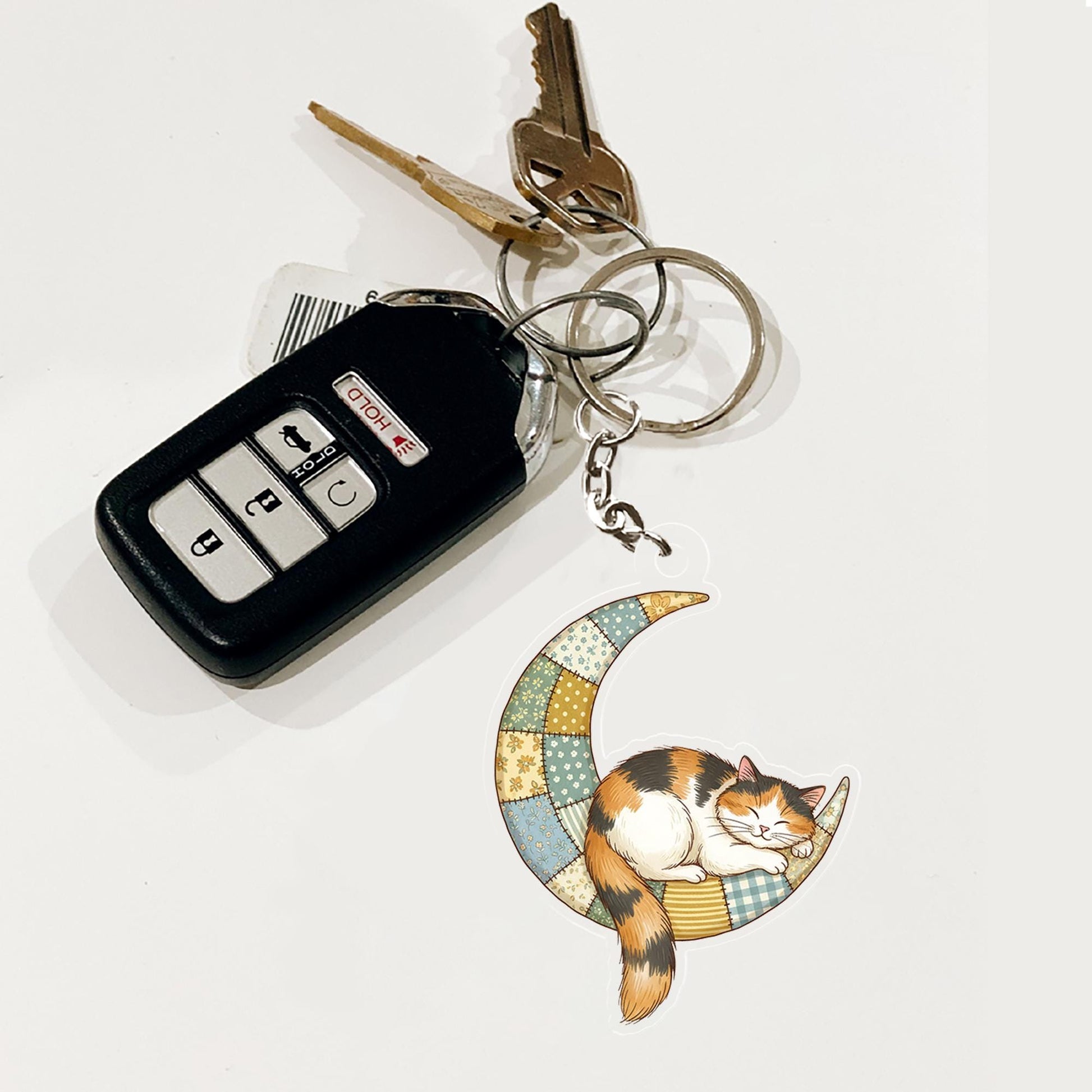 Acrylic Cat Keychain – Calico Cat on Patchwork Moon Design