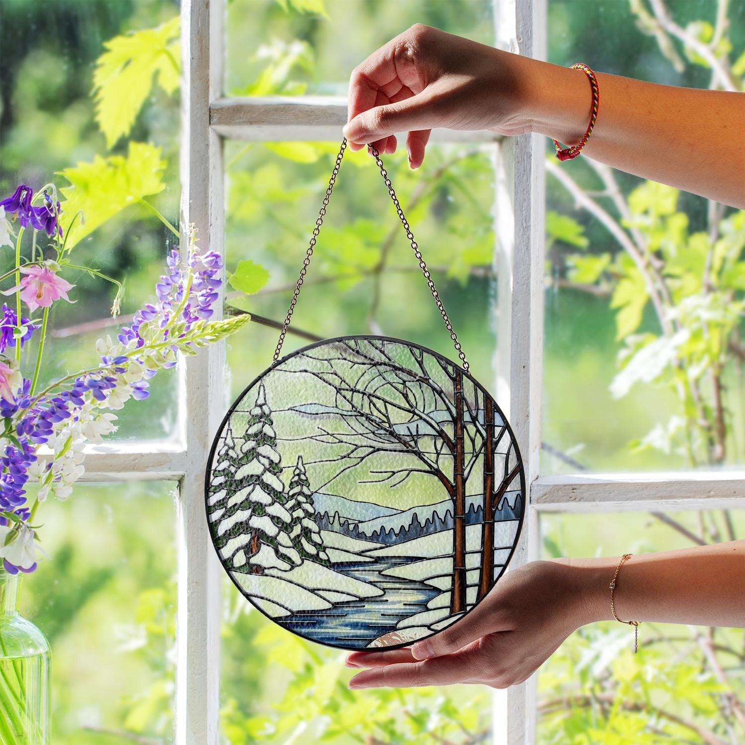 Winter Glass Suncatcher – Snowy Forest Pine Trees Window Hanging
