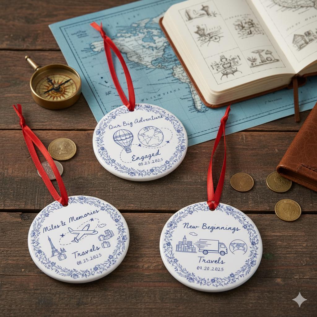 Personalized Travel Ornament – Custom Ceramic Adventure Keepsake, New Beginnings, Engagement & Moving Gift 2025