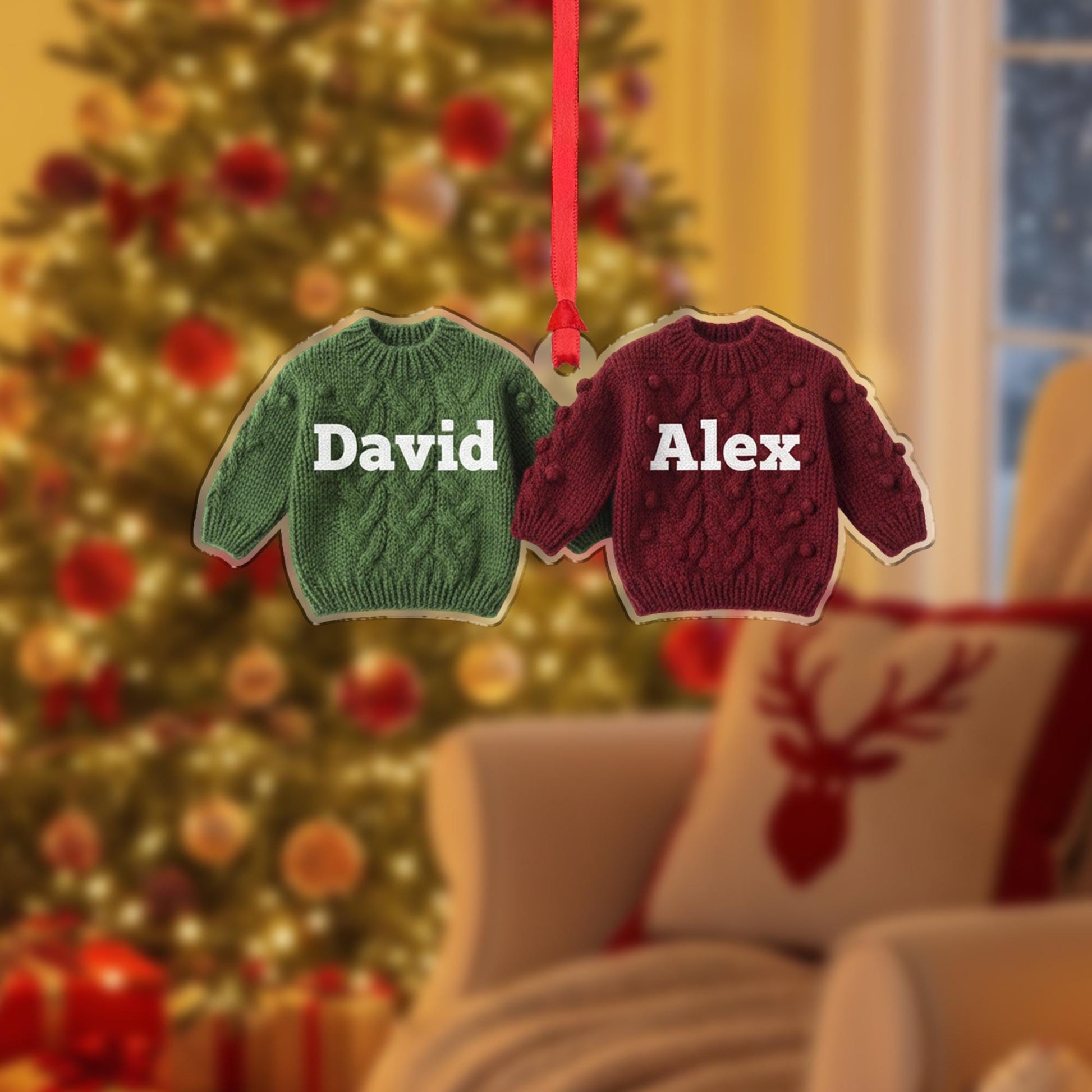 Personalized Sweater Ornament – Knitted Style Christmas Decoration with Names