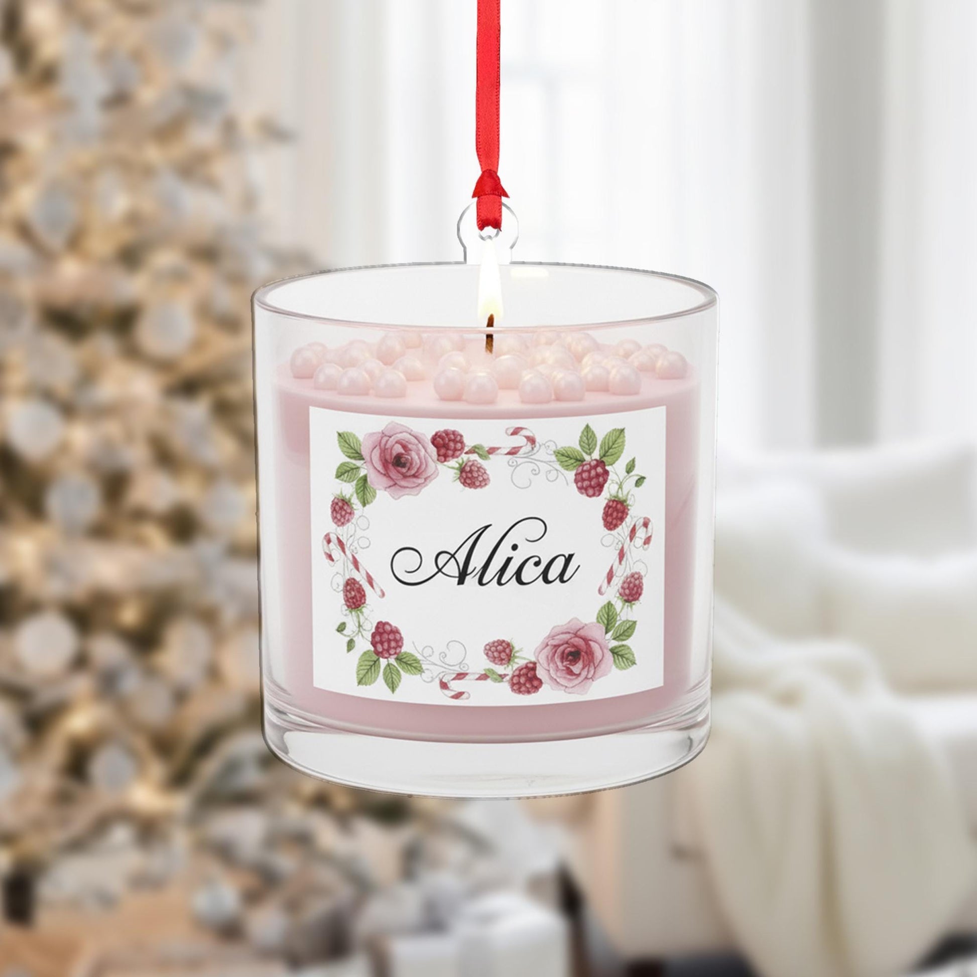 Personalized Scented Candle Ornament – Glass Decoration with Floral Label