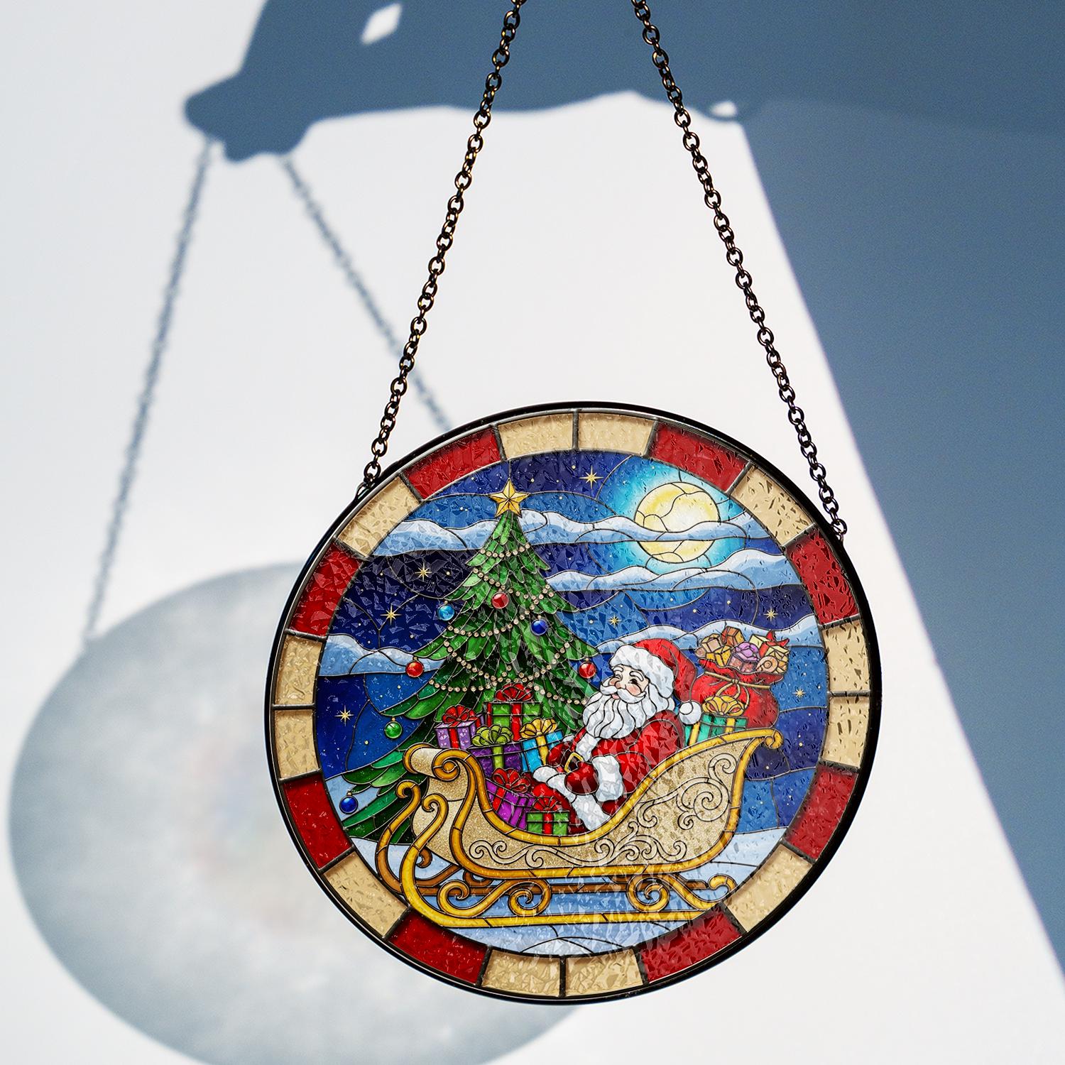 Glass Christmas Suncatcher – Santa Sleigh with Tree and Gifts Holiday Window Decor