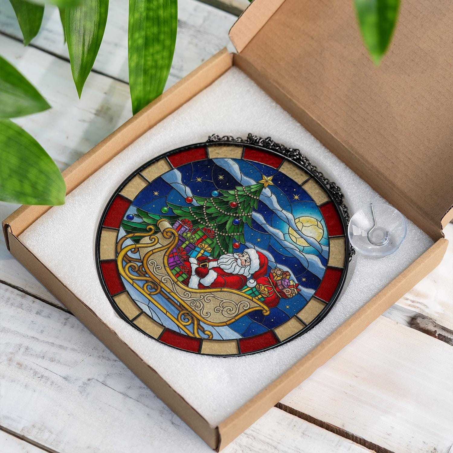 Glass Christmas Suncatcher – Santa Sleigh with Tree and Gifts Holiday Window Decor