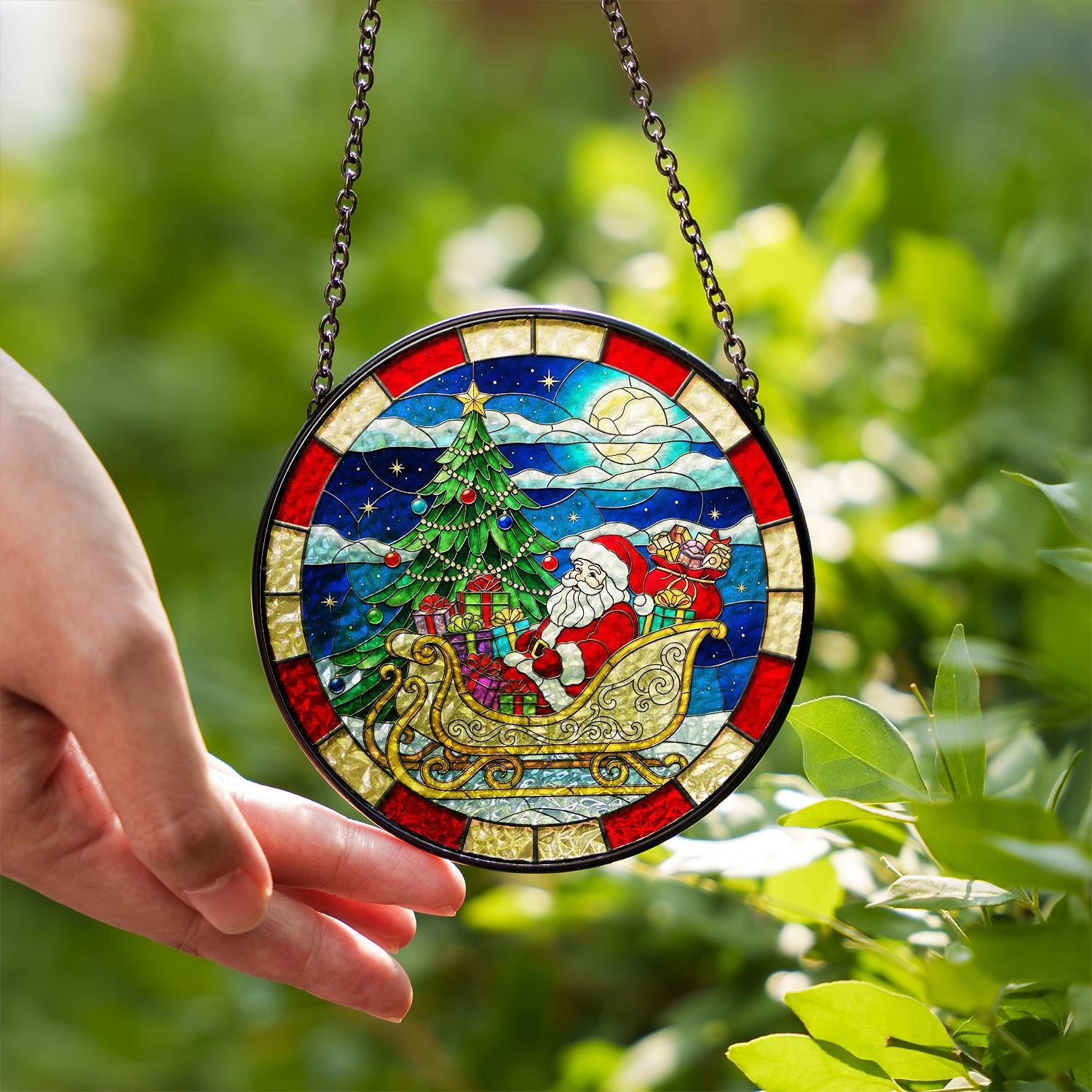 Glass Christmas Suncatcher – Santa Sleigh with Tree and Gifts Holiday Window Decor