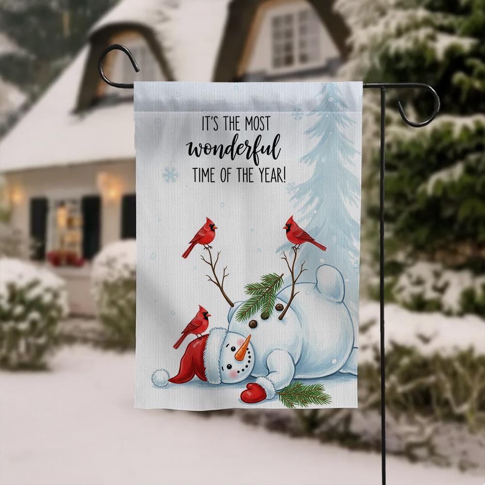 Winter Garden Flag – Snowman with Cardinals Outdoor Seasonal Yard Decor