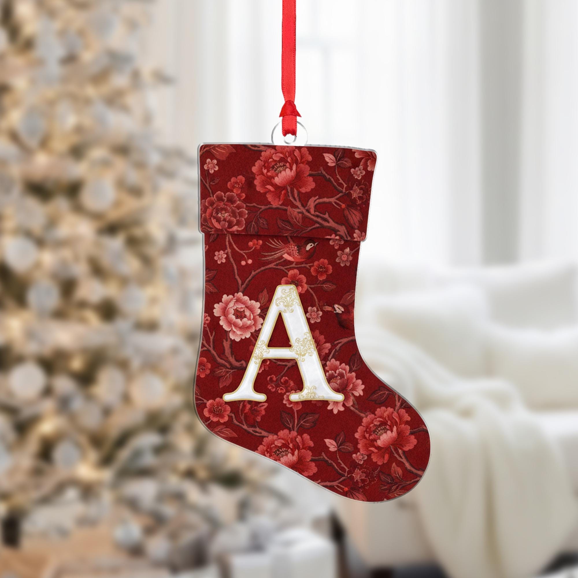 Personalized Chinoiserie Stocking Ornament – Red Floral Design with Initial