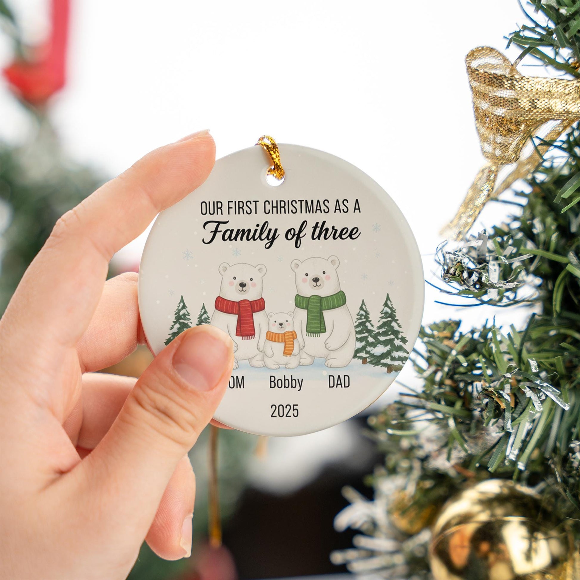 Family of Three First Christmas Ornament 2025 – Personalized New Parents Holiday Keepsake