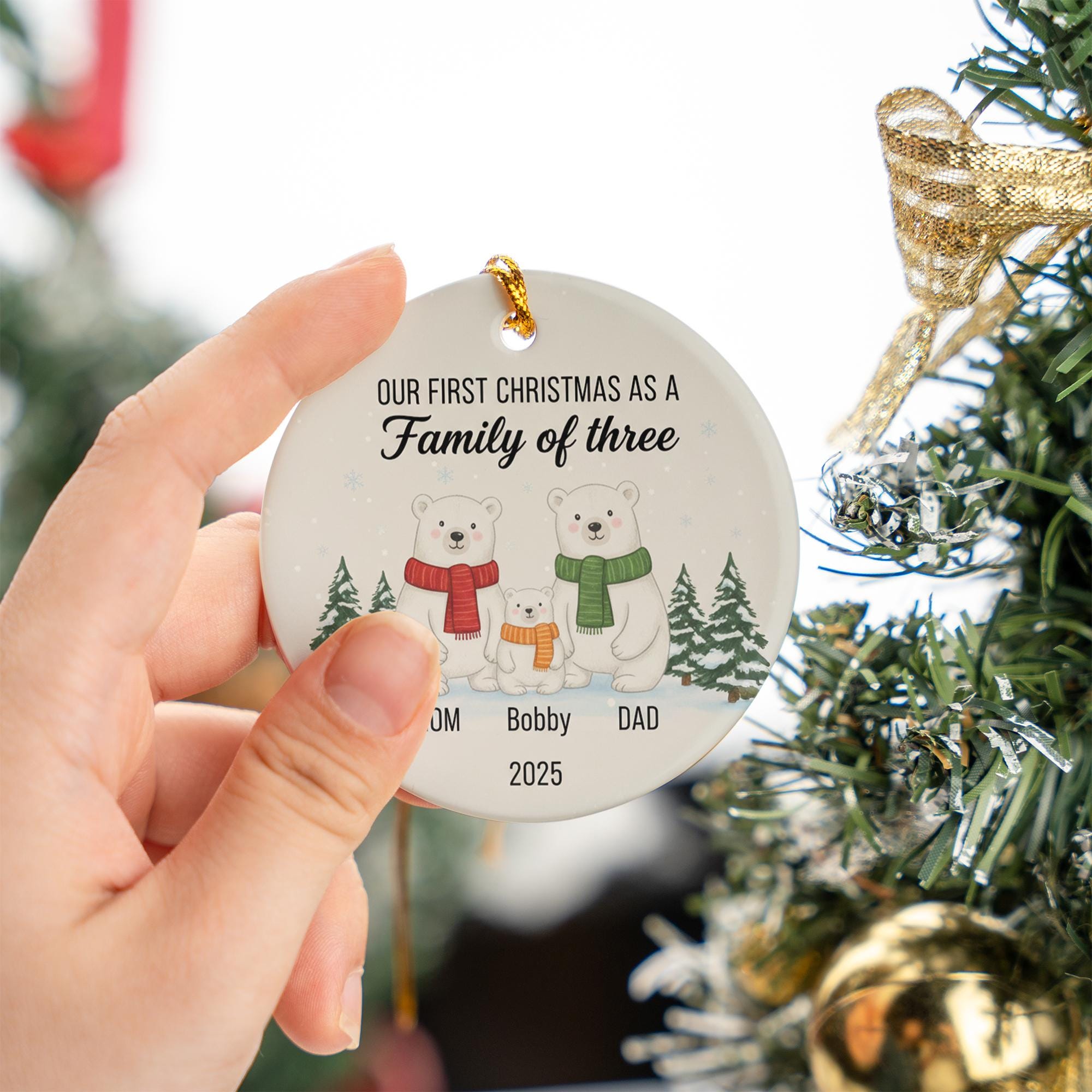 Family of Three First Christmas Ornament 2025 – Personalized New Parents Holiday Keepsake