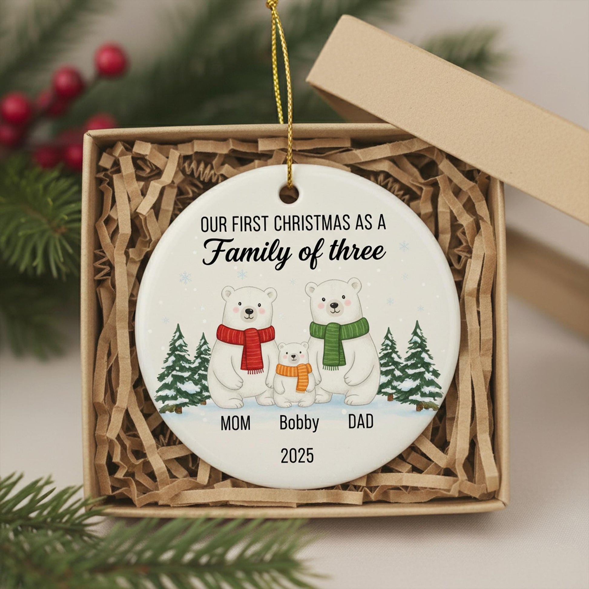 Family of Three First Christmas Ornament 2025 – Personalized New Parents Holiday Keepsake