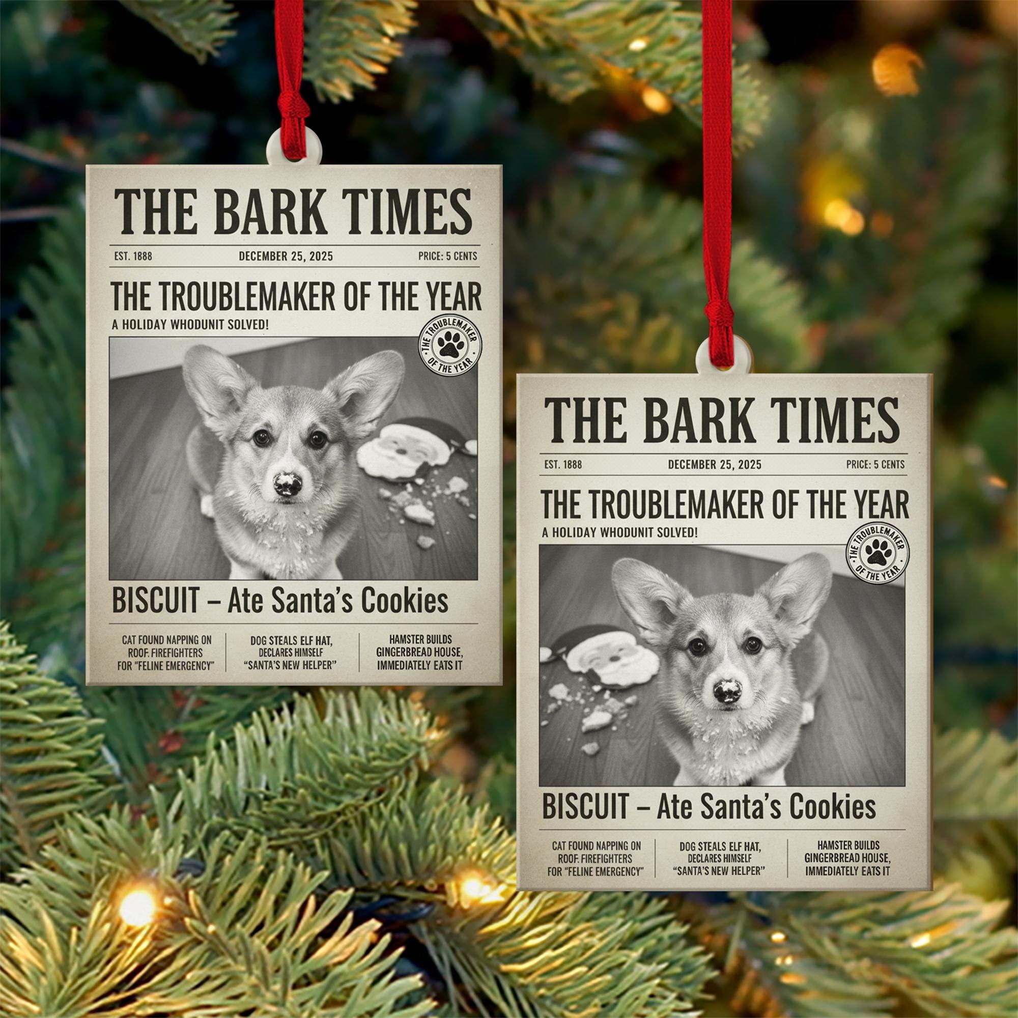 Personalized Dog Ornament – Custom Pet Photo Newspaper Christmas Decoration