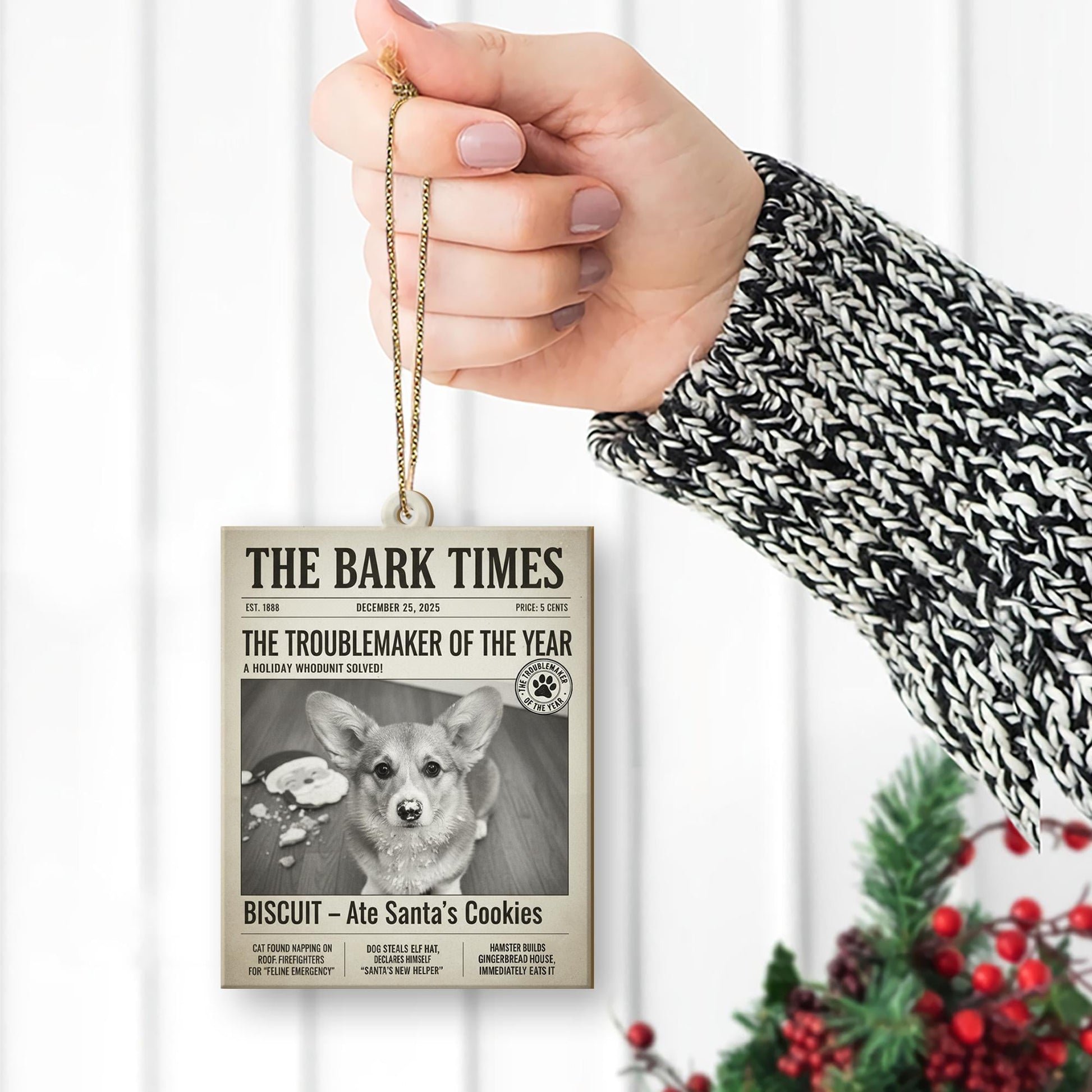 Personalized Dog Ornament – Custom Pet Photo Newspaper Christmas Decoration