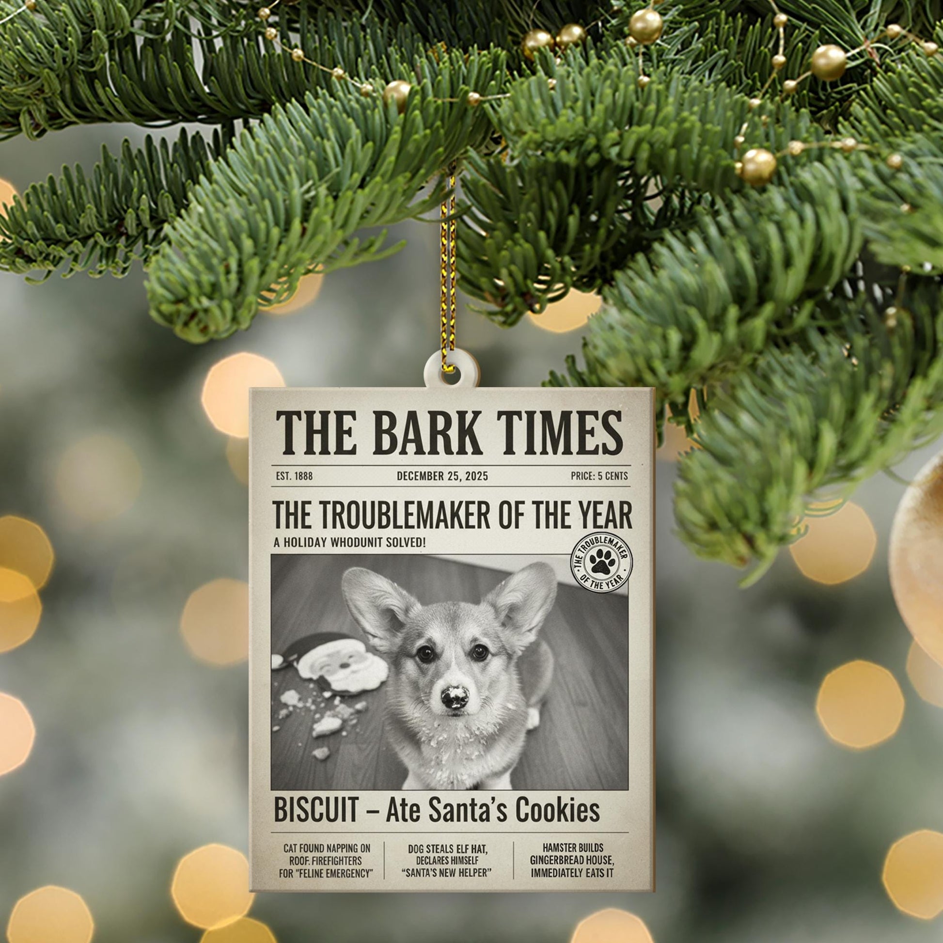 Personalized Dog Ornament – Custom Pet Photo Newspaper Christmas Decoration