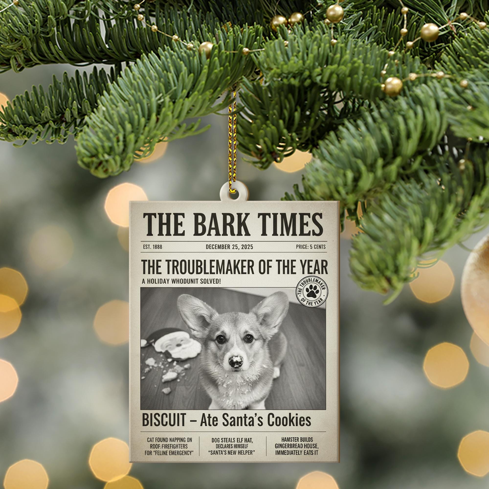 Personalized Dog Ornament – Custom Pet Photo Newspaper Christmas Decoration