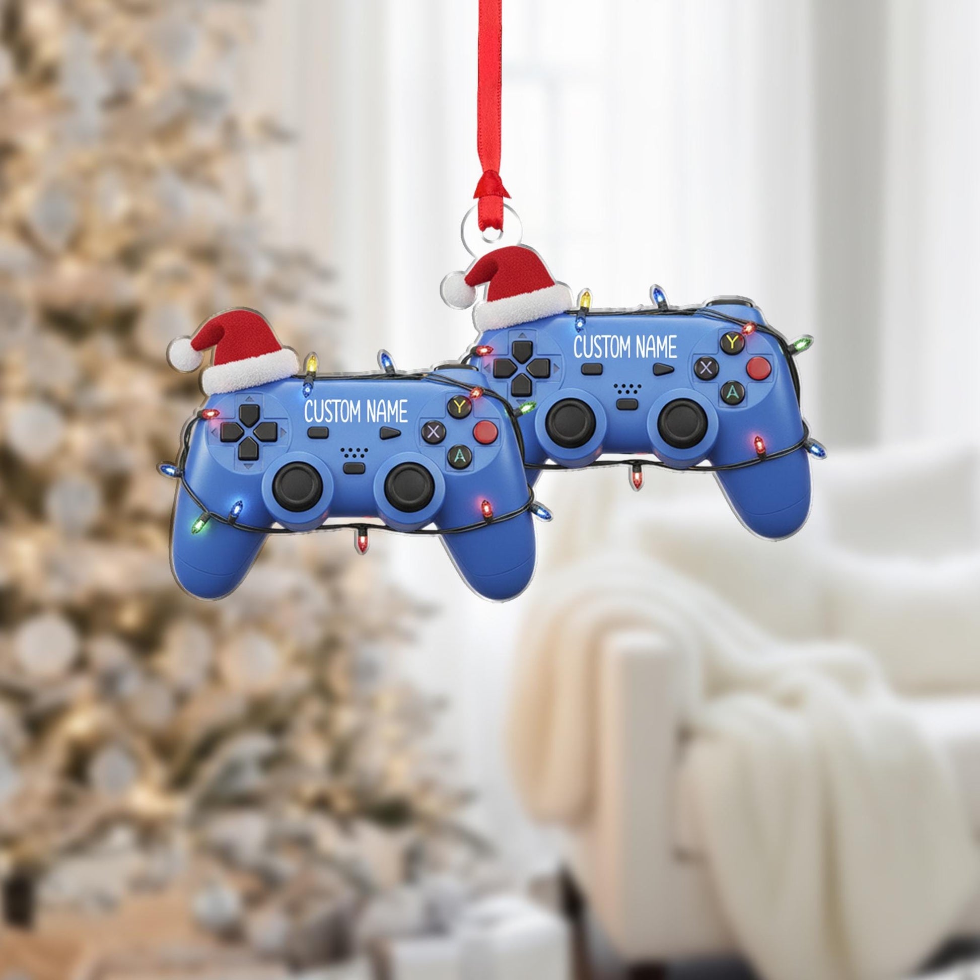 Custom Name Gamer Ornament – Game Controller with Santa Hat and Holiday Lights