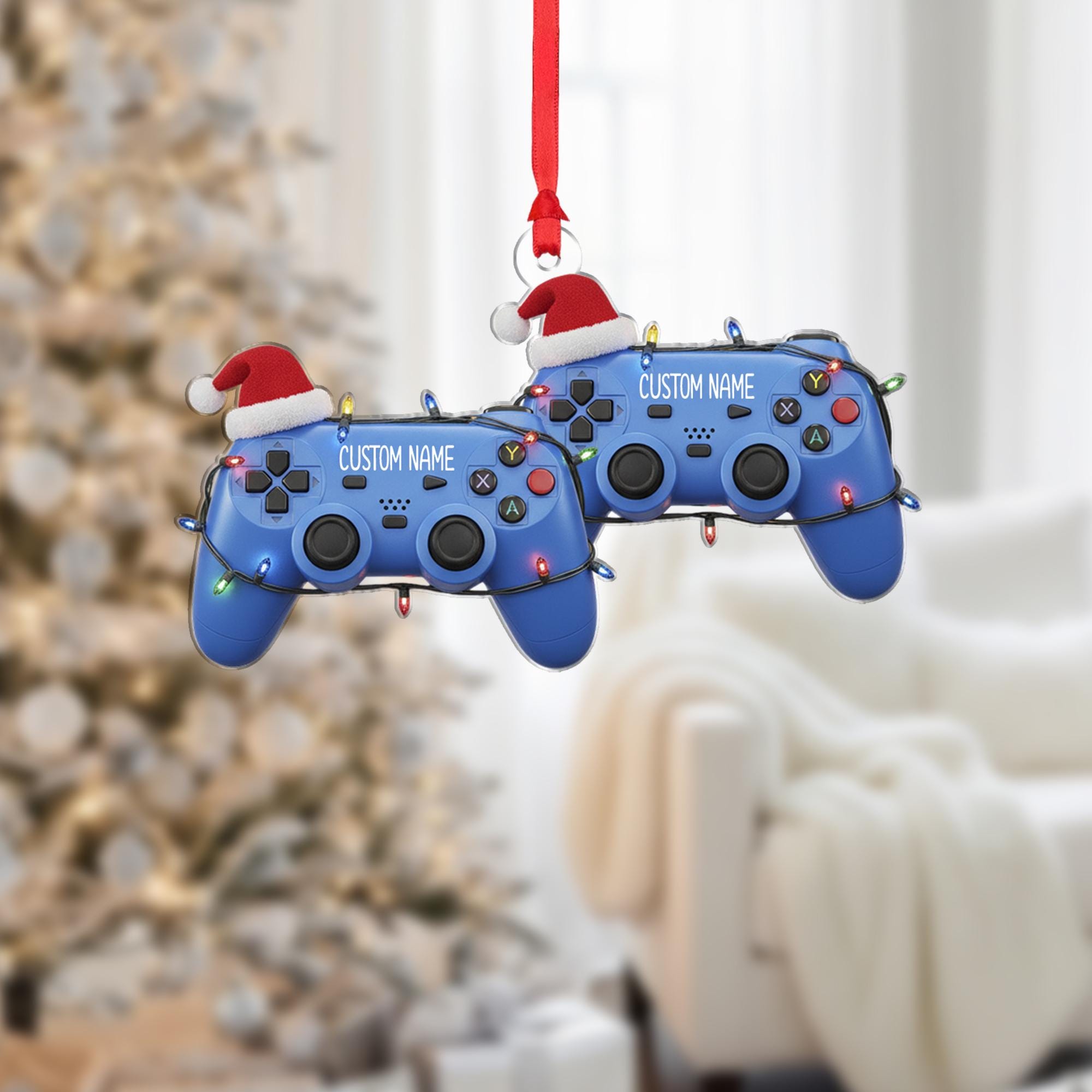 Custom Name Gamer Ornament – Game Controller with Santa Hat and Holiday Lights