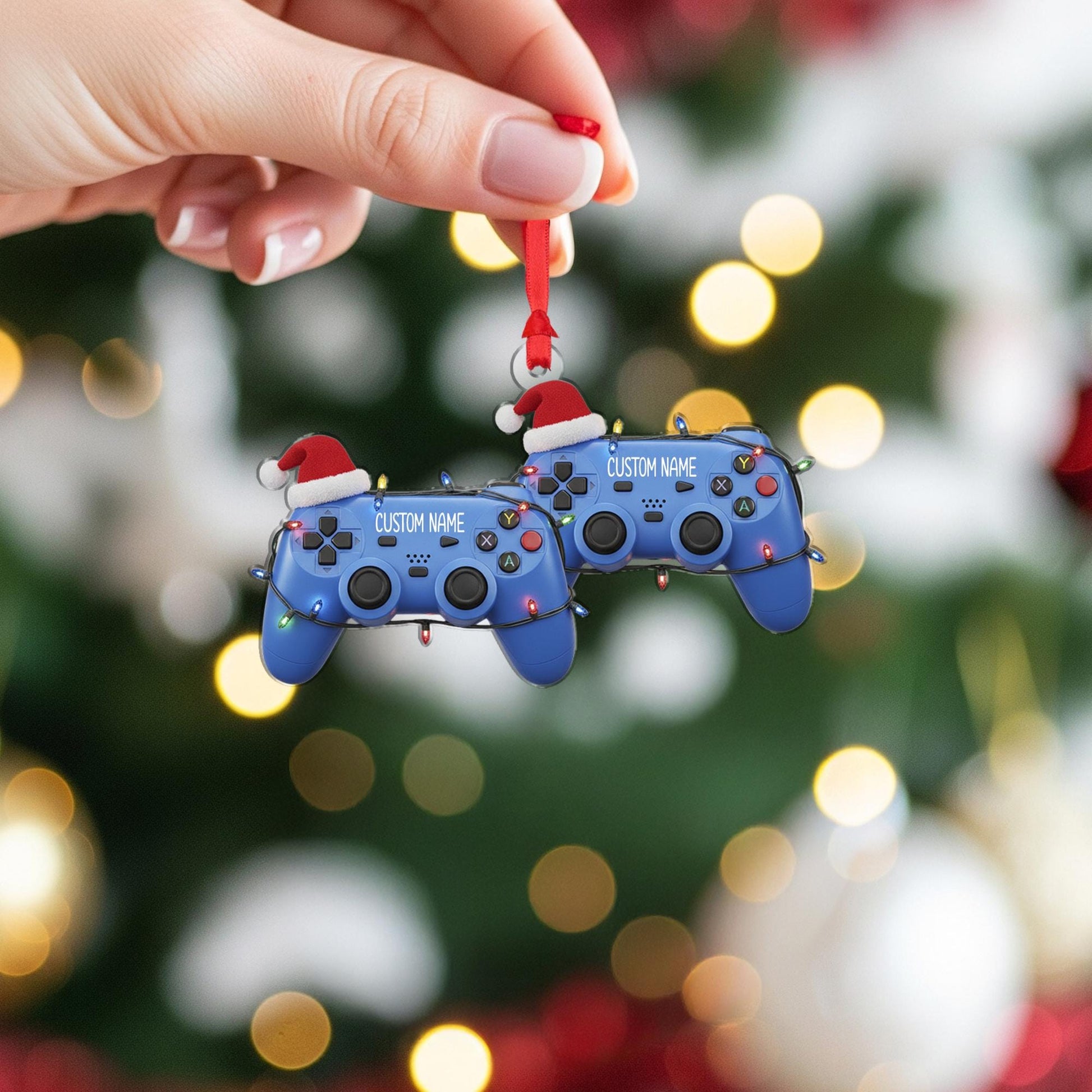 Custom Name Gamer Ornament – Game Controller with Santa Hat and Holiday Lights