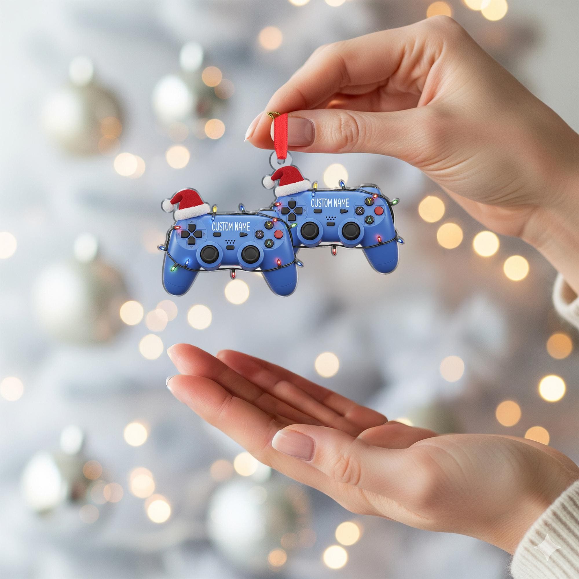 Custom Name Gamer Ornament – Game Controller with Santa Hat and Holiday Lights