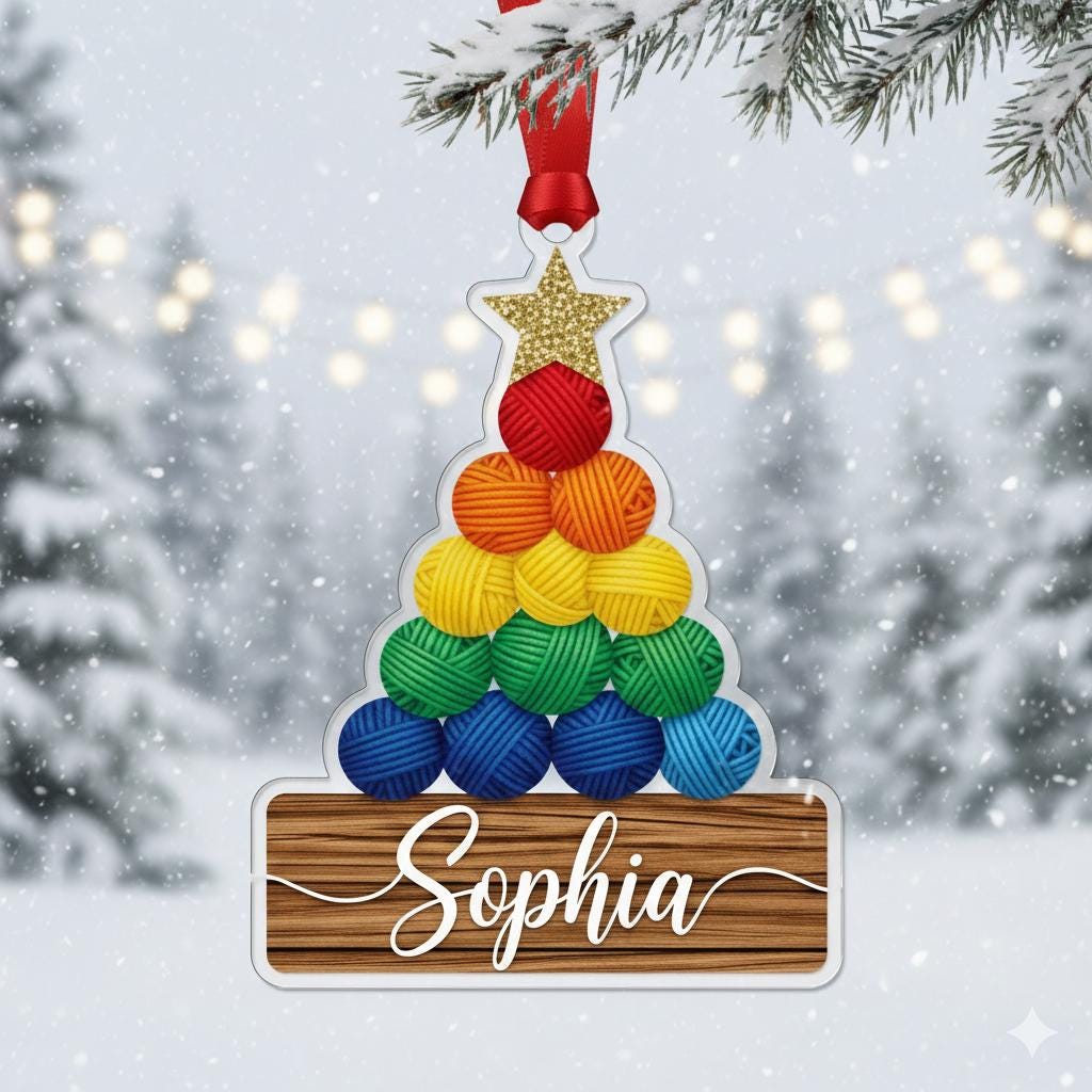 Personalized Yarn Ornament – Christmas Tree Decoration with Knitting Theme and Name
