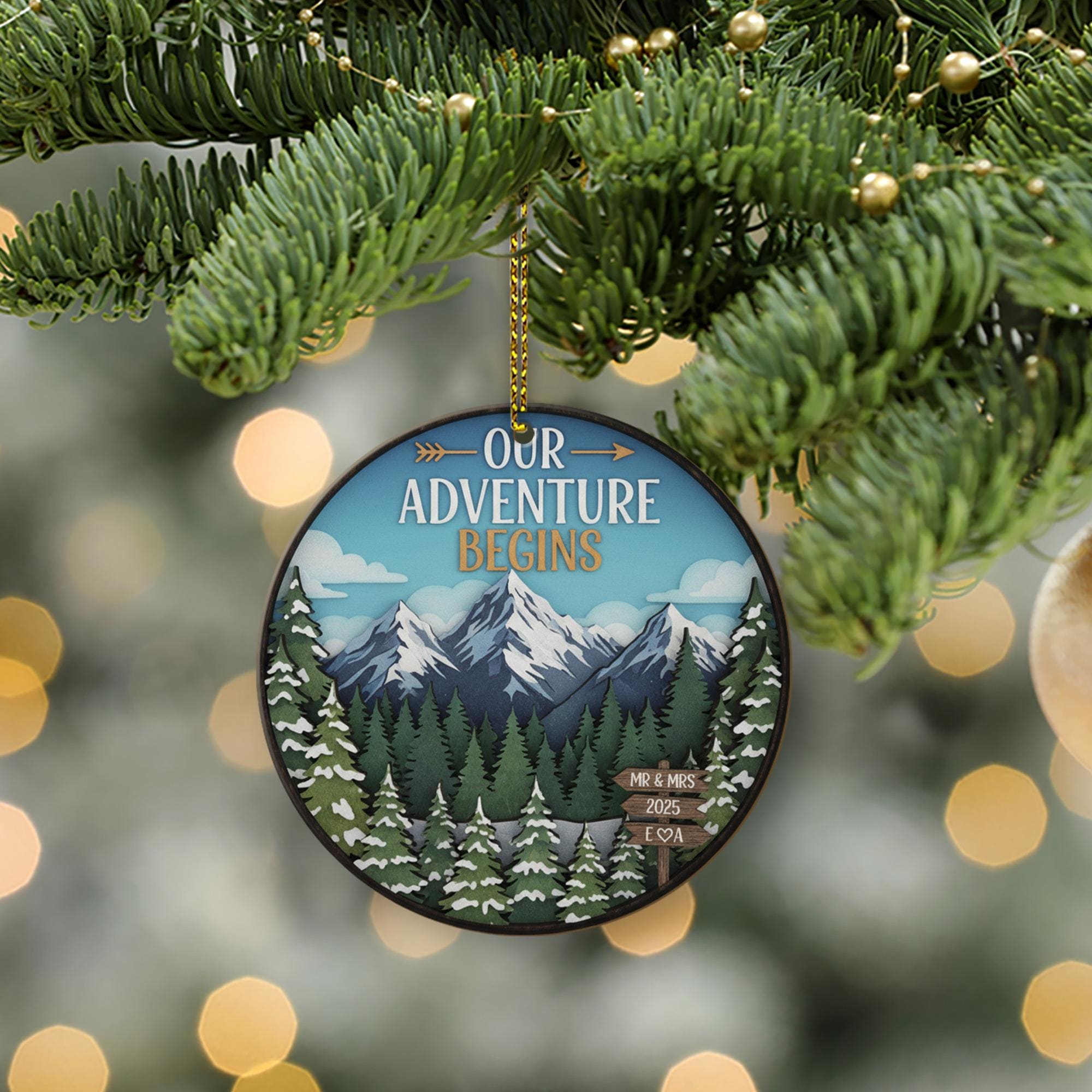 Personalized Adventure Ornament 2025 – Round Mountain Scene Christmas Decoration, Custom Couple Keepsake