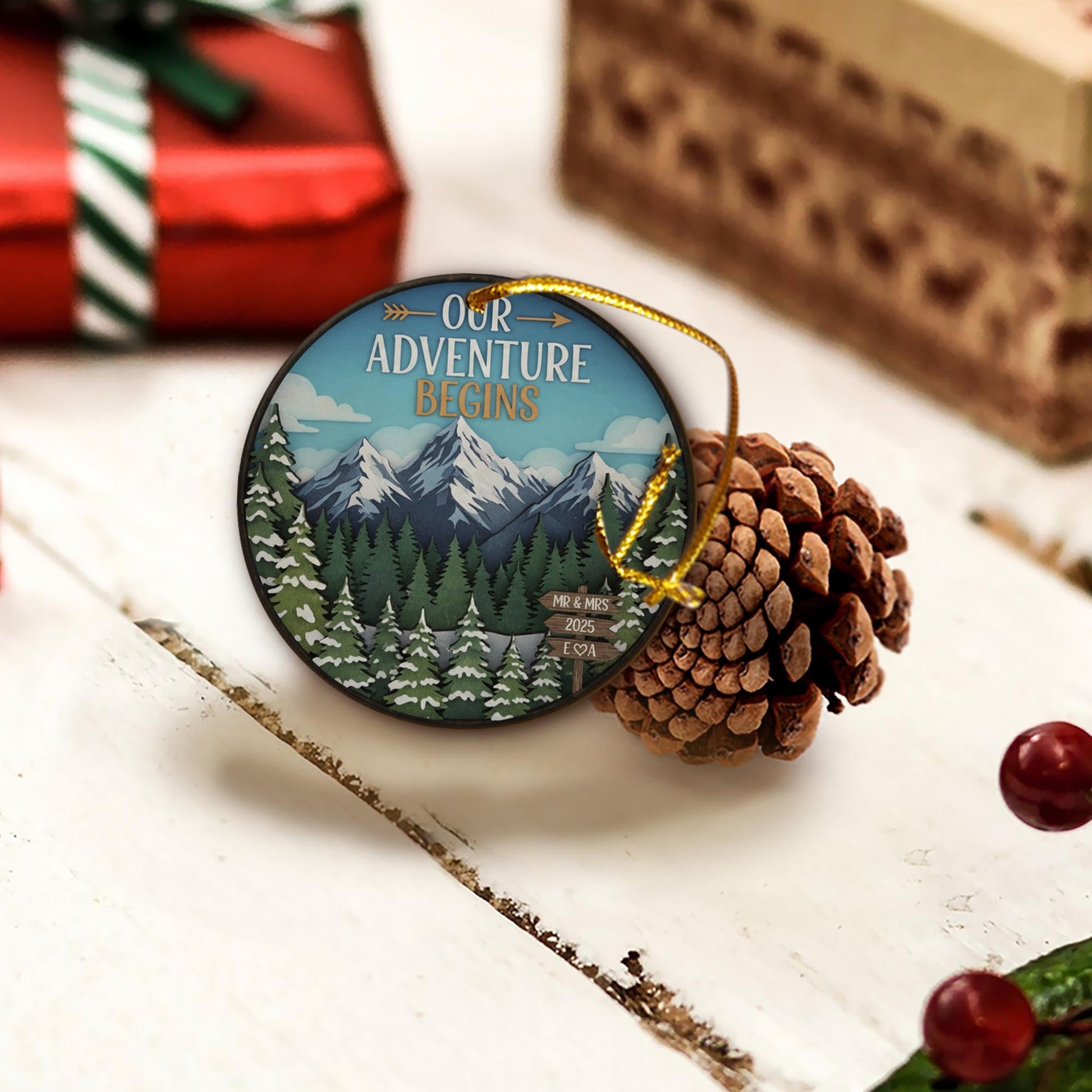 Personalized Adventure Ornament 2025 – Round Mountain Scene Christmas Decoration, Custom Couple Keepsake