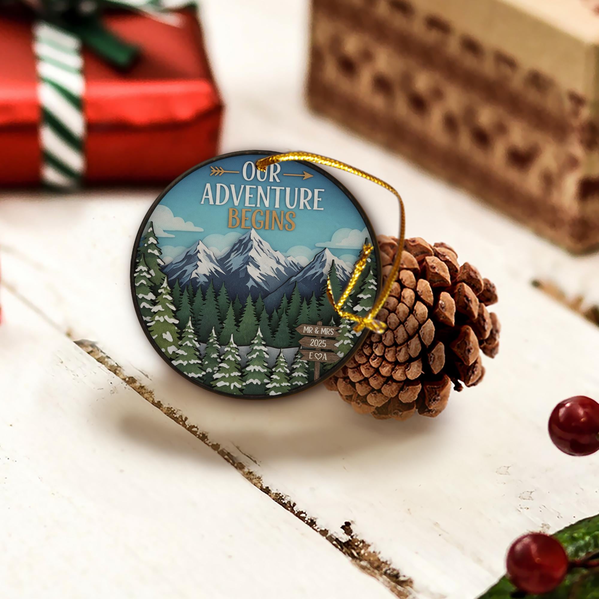 Personalized Adventure Ornament 2025 – Round Mountain Scene Christmas Decoration, Custom Couple Keepsake