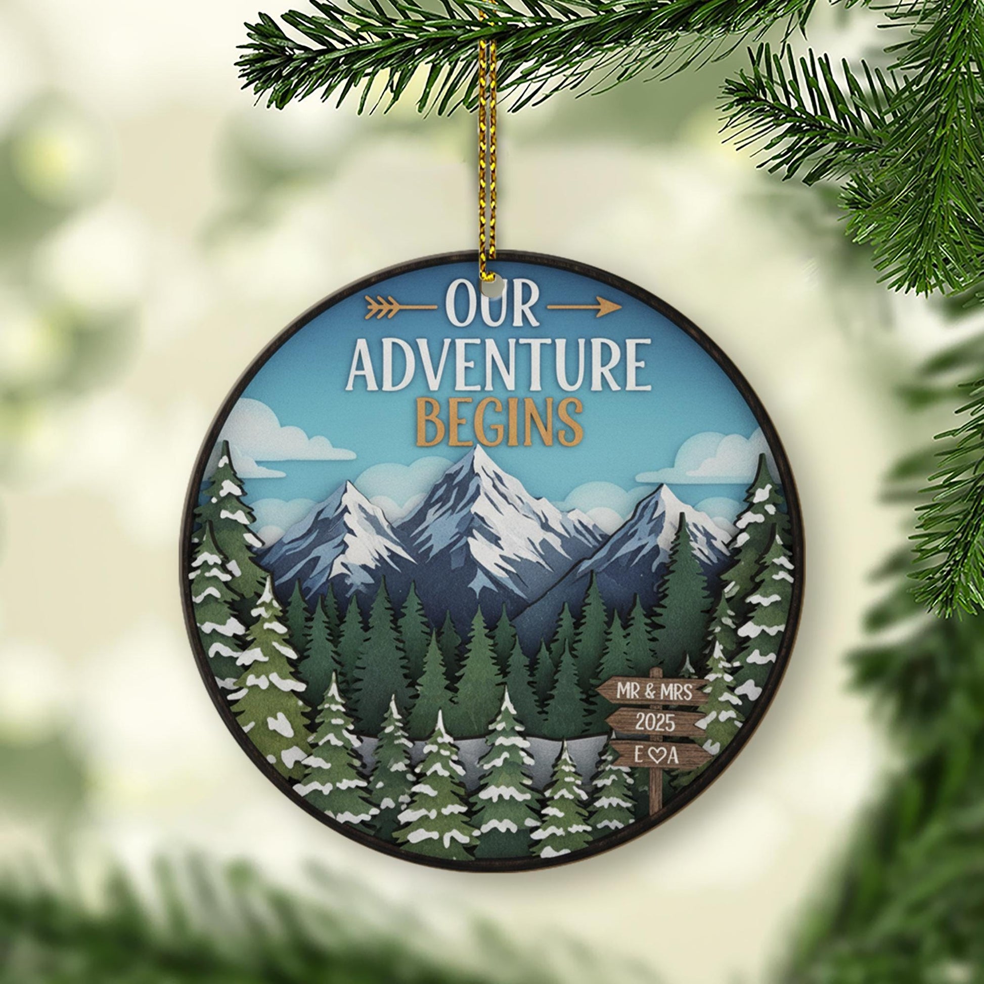 Personalized Adventure Ornament 2025 – Round Mountain Scene Christmas Decoration, Custom Couple Keepsake