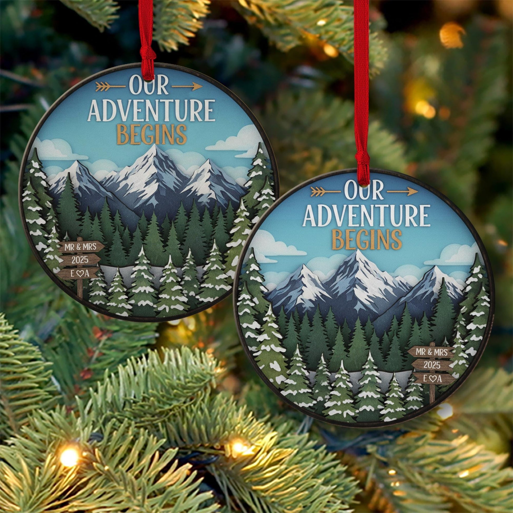 Personalized Adventure Ornament 2025 – Round Mountain Scene Christmas Decoration, Custom Couple Keepsake