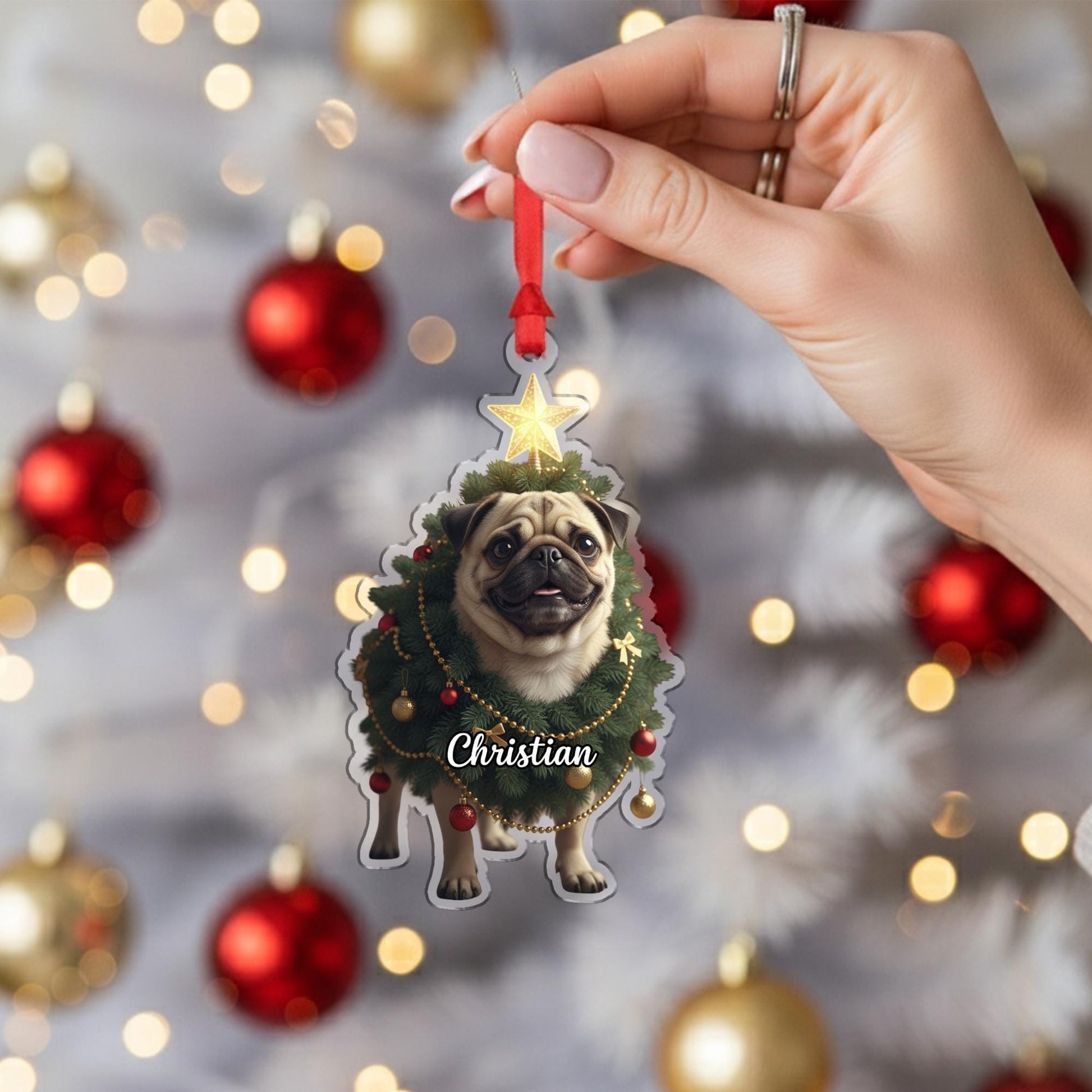 Personalized Pug Ornament – Custom Dog Christmas Tree Decoration, Pet Holiday Keepsake
