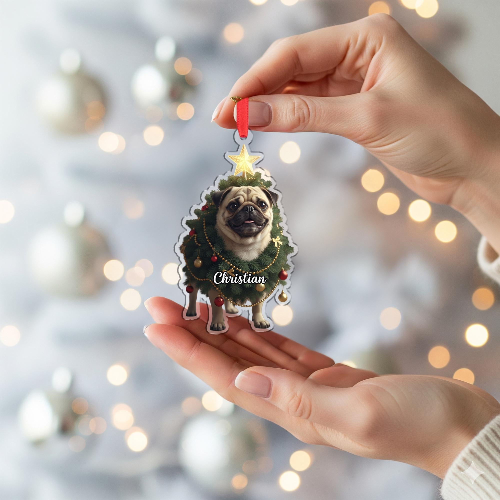 Personalized Pug Ornament – Custom Dog Christmas Tree Decoration, Pet Holiday Keepsake