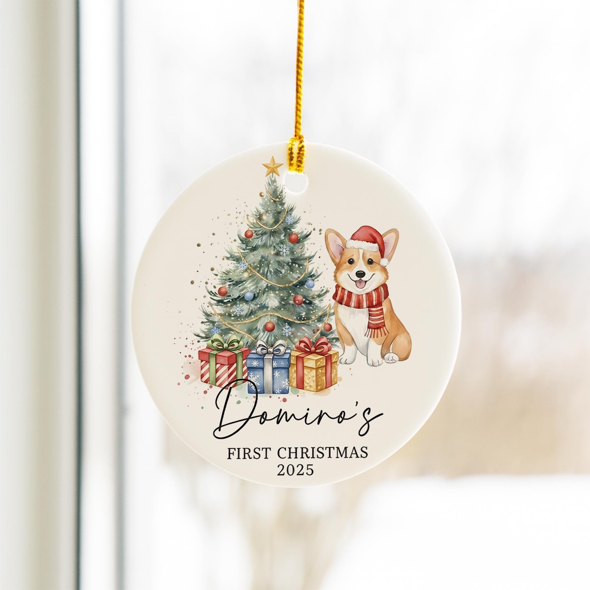 Personalized Dog Christmas Ornament – First Christmas 2025 Ceramic Tree Decoration with Gifts