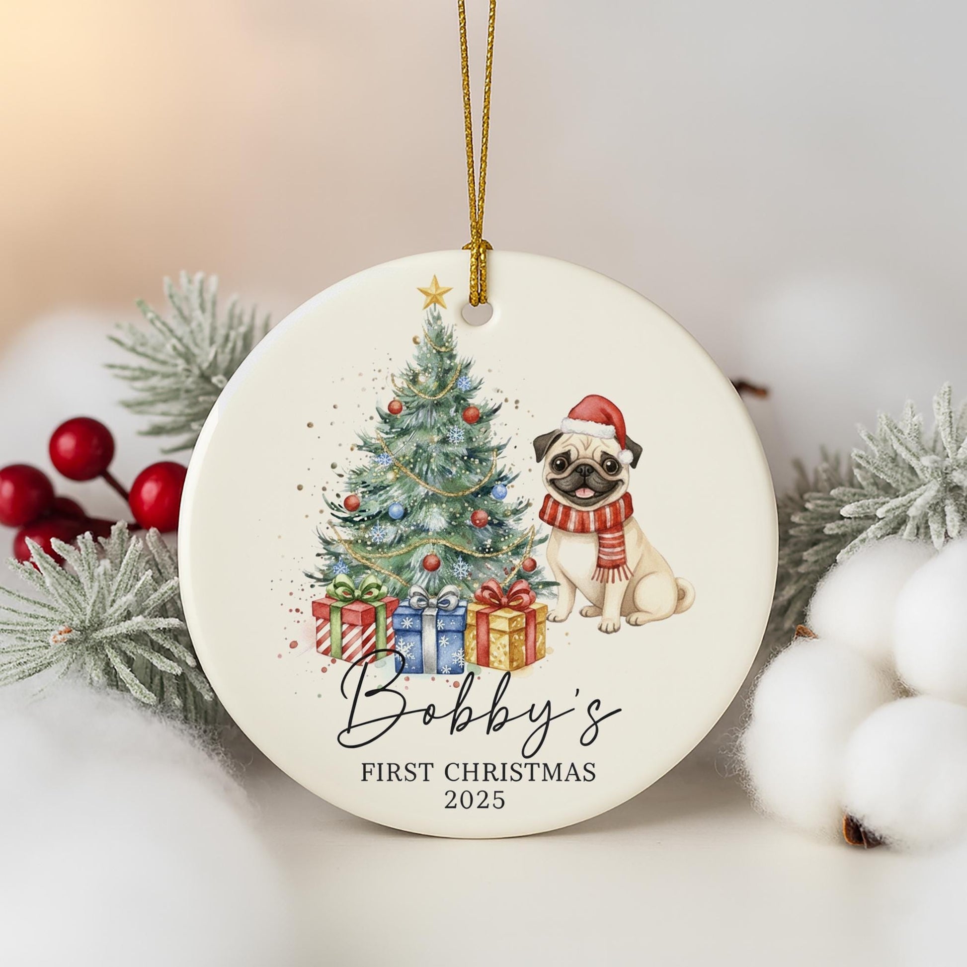 Personalized Dog Christmas Ornament – First Christmas 2025 Ceramic Tree Decoration with Gifts