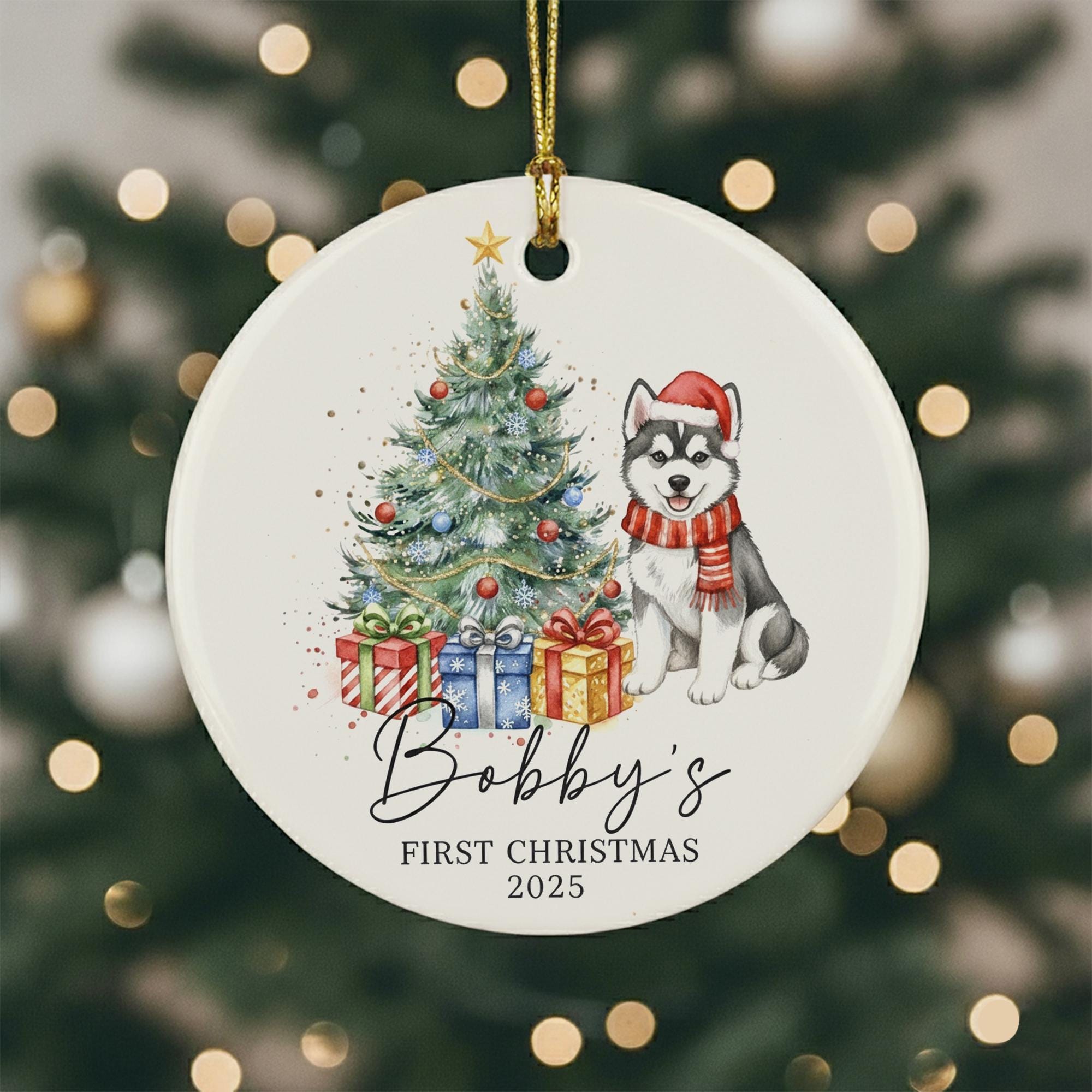 Personalized Dog Christmas Ornament – First Christmas 2025 Ceramic Tree Decoration with Gifts