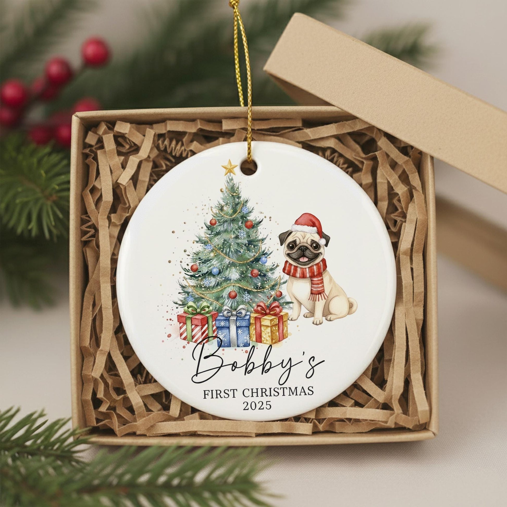 Personalized Dog Christmas Ornament – First Christmas 2025 Ceramic Tree Decoration with Gifts