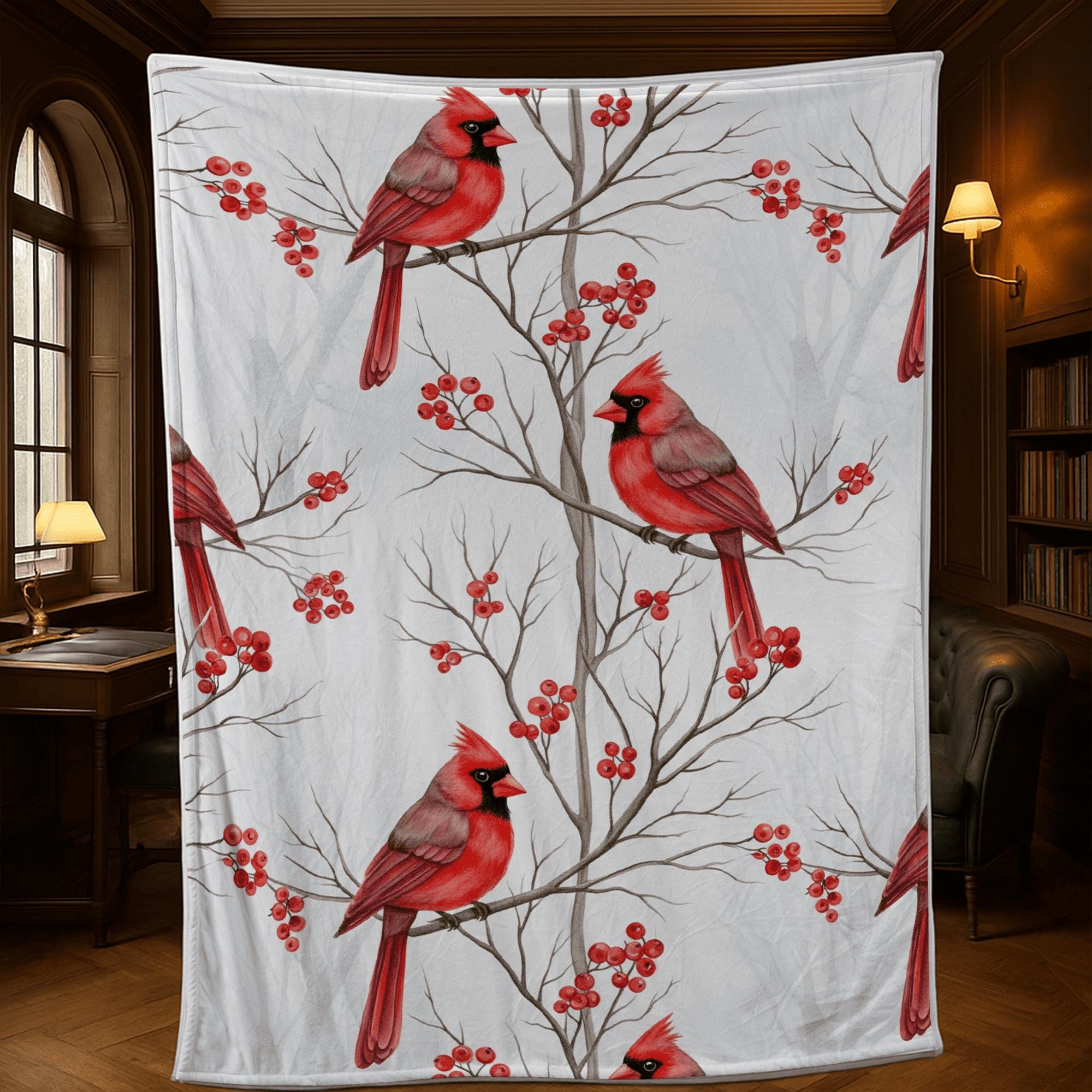 Cardinal Fleece Blanket: Red Bird and Berry Winter Throw