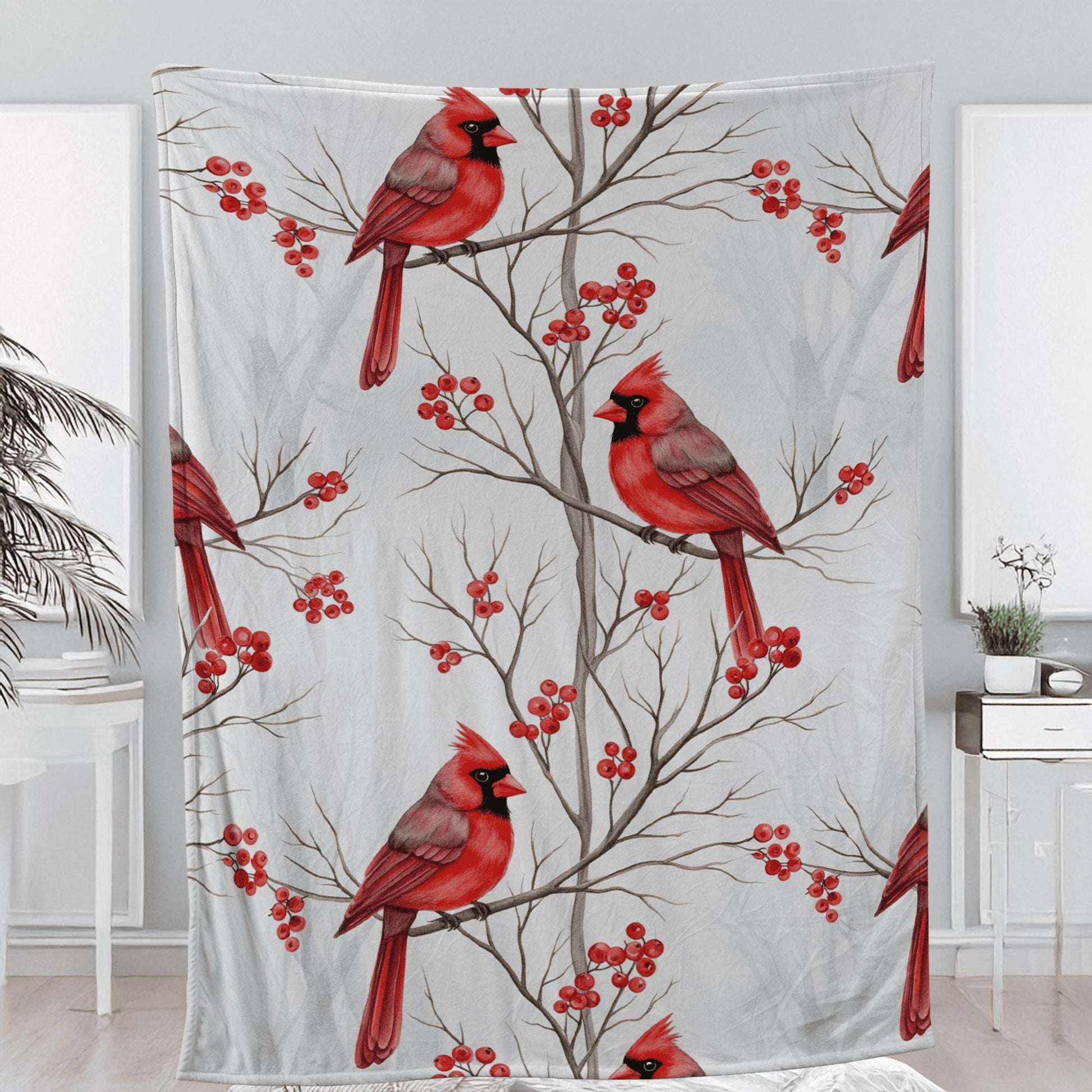 Cardinal Fleece Blanket: Red Bird and Berry Winter Throw