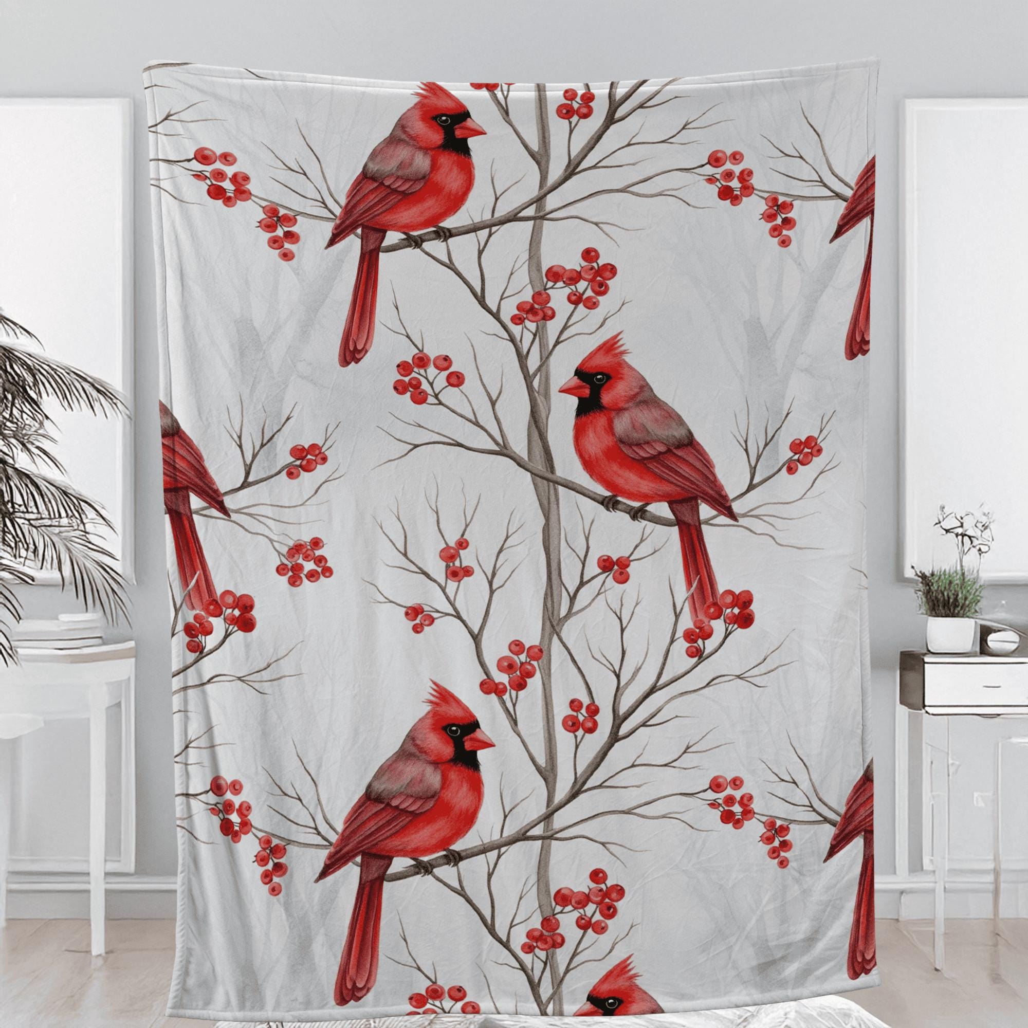 Cardinal Fleece Blanket: Red Bird and Berry Winter Throw