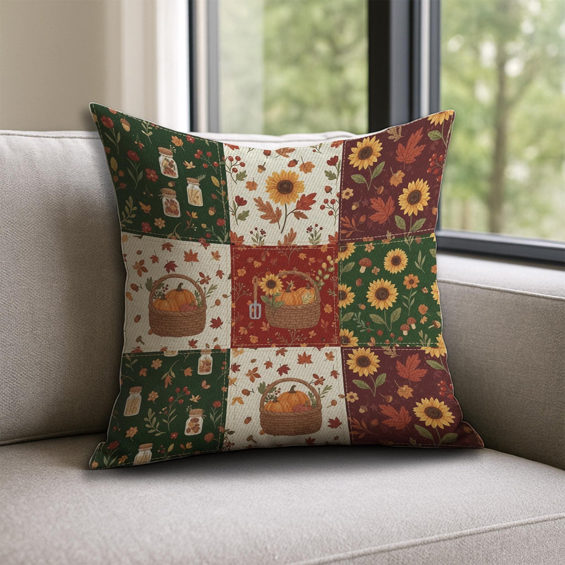 Autumn Patchwork style Pillow Sunflower Pumpkin Fall Decor